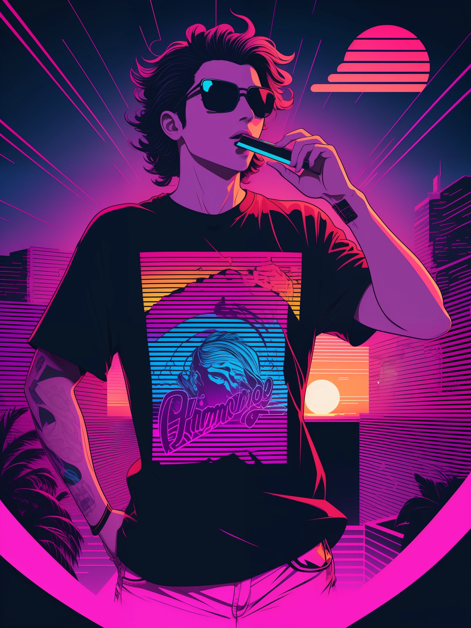 a Harmonica in front of the sunset, vaporwave style, neon style, smooth lines, vector sticker art, vector core, intricate details, black t-shirt design, 8k