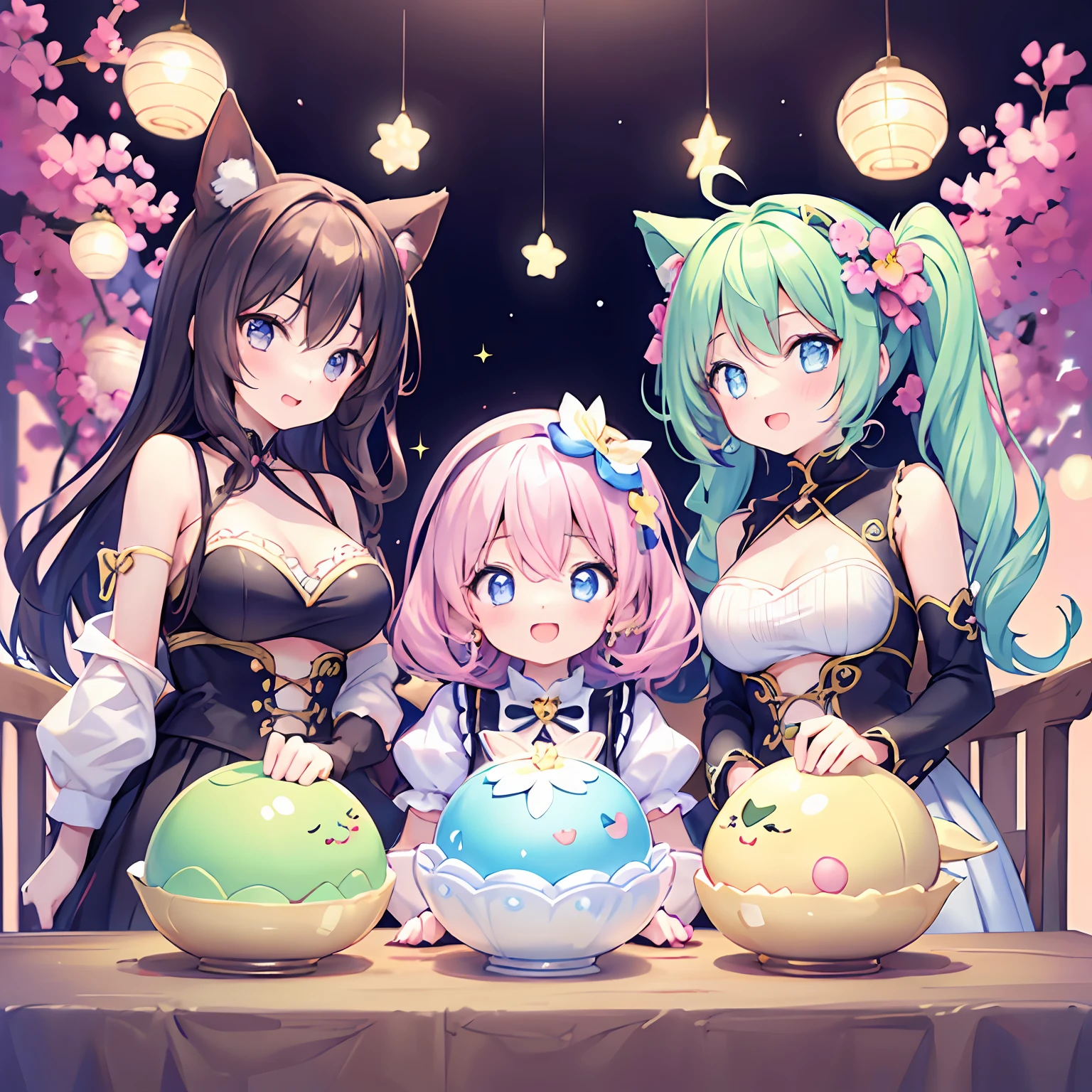 masterpiece, (2girls and 2girls and 2girls and 2girls at the ball), idol, big eyes, kawaiitech, kawaii, cute, pastel colors, best quality, happy, deep background, symmetrical, summer