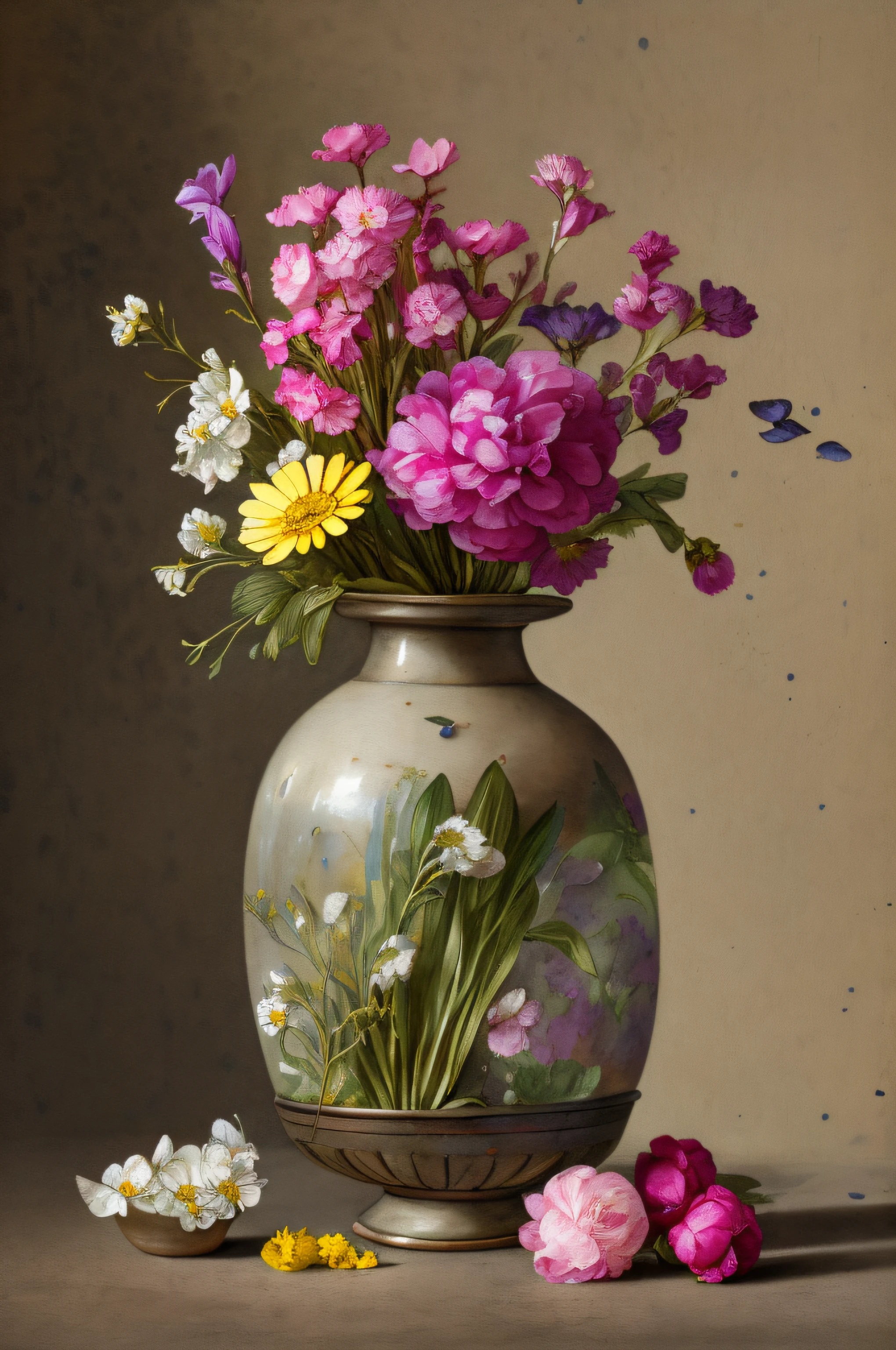 a compact still life with flowers in vase, historical jewelry hanging on vase, withering flowers all around, ((objects in realistic scale)), in the neutral dark background environment, darkened room, cinematic lighting, contrast lighting, dslr, insanely intricate details, amazing fine detail, hyper detailed, sharp focus, ultra high res, watercolor style, aquarell