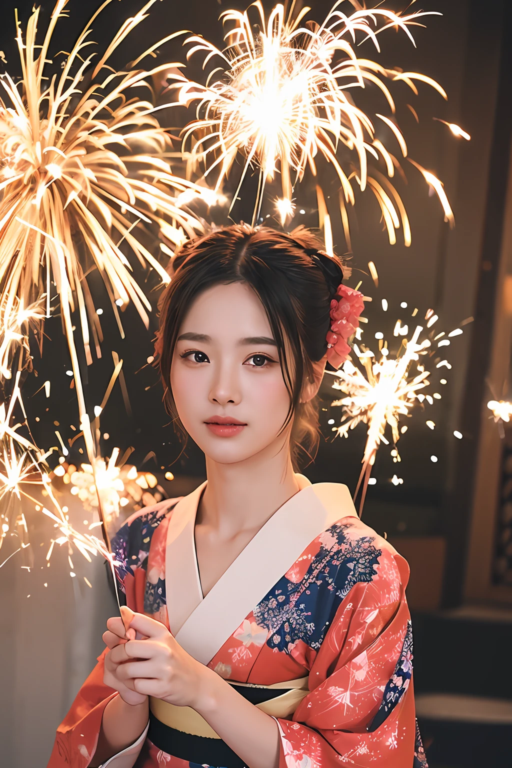 (extra detailed body、extra detailed face、best qualtiy:1.2)、femele、looking at the viewers、(kimono)、(sparklers:1.4)