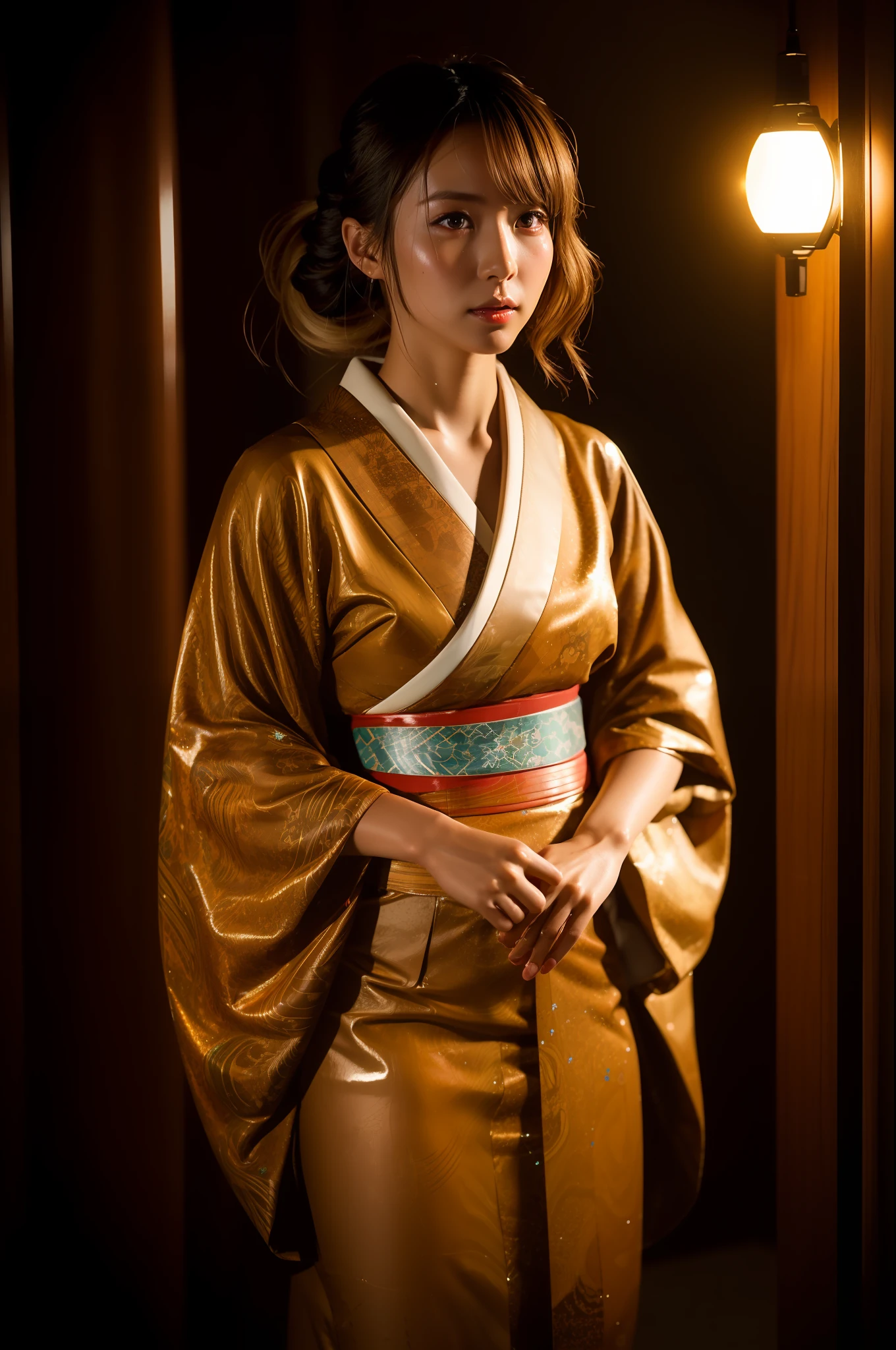 gyaru, (shiny oiled skin:1.2), Wearing traditional patterned Japanese kimono, cinematic lighting