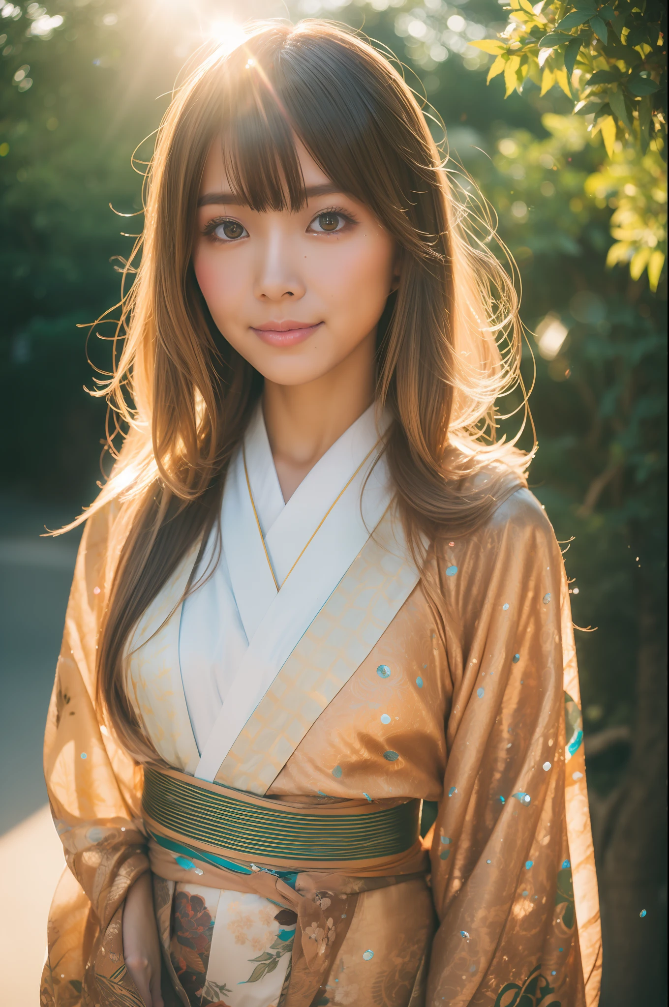gyaru, (shiny oiled skin:1.2), Wearing traditional patterned Japanese kimono, thick fog, sony a7, film grain, sun shine, Photorealistic, one-point perspective, 32K, diffuse reflection, colorful shiny particles, Lens Flare, soft lighting