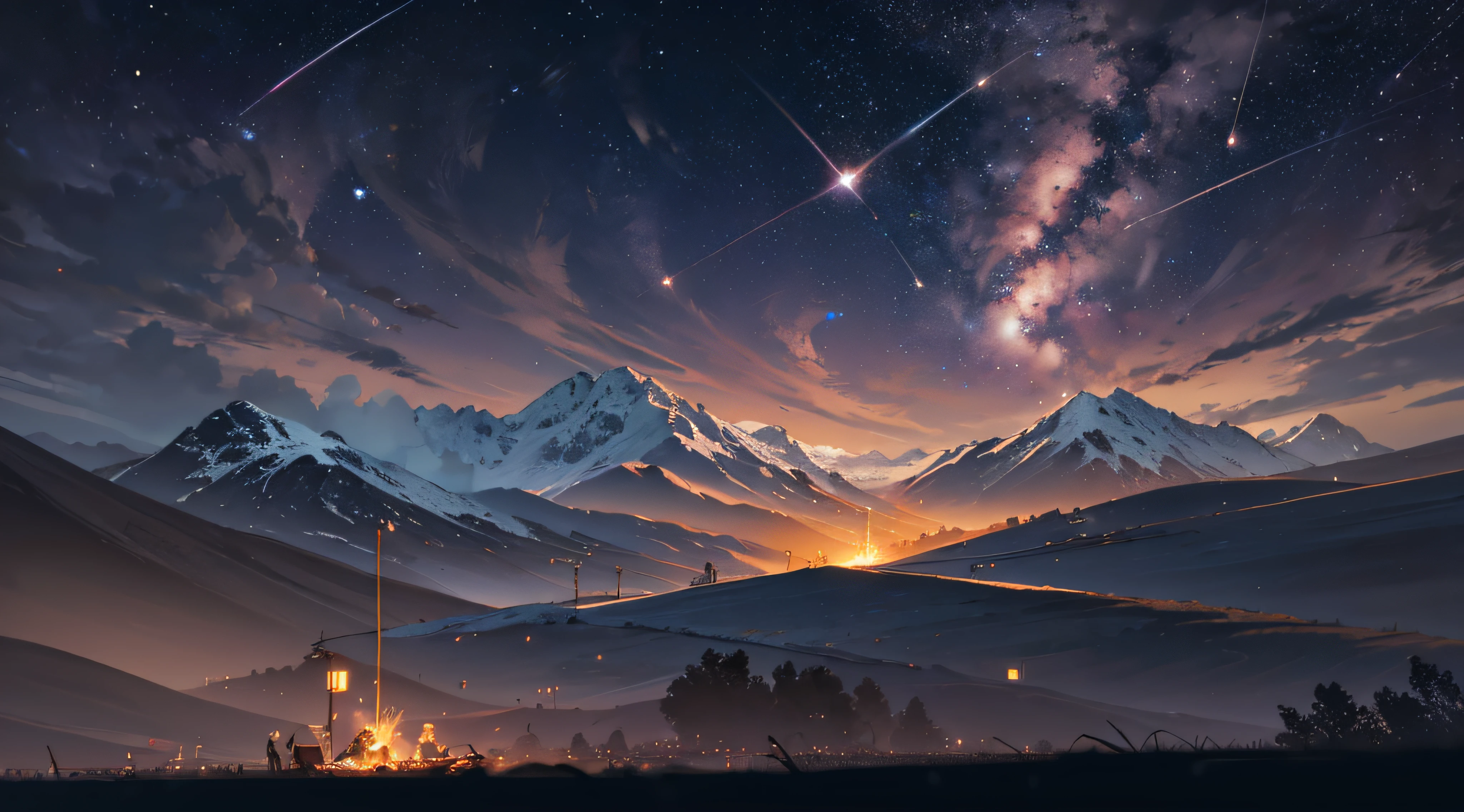 Expansive landscape photograph,(moon full:1.2),(meteors:0.9),(Starcloud:1.3),(Warm light source:1.2),(glowworm:1.2),lamp lights,Lots of purple and orange,Complicated details,Volumetriclighting,Realism BREAK(tmasterpiece:1.2),(best qualtiy),8K,Ultra-detailed,(dynamic compositions:1.4),The is very detailed,Colorful details,(Irridescent color:1.2),(luminouslighting,Atmospheric lighting),dream magical,magical,(独奏:1.2),((best qualtiy)), ((tmasterpiece)), (the detail:1.4),depth of fields,maximum definition and sharpness,perfectly proportions,Fluttering clouds,Wallpapers