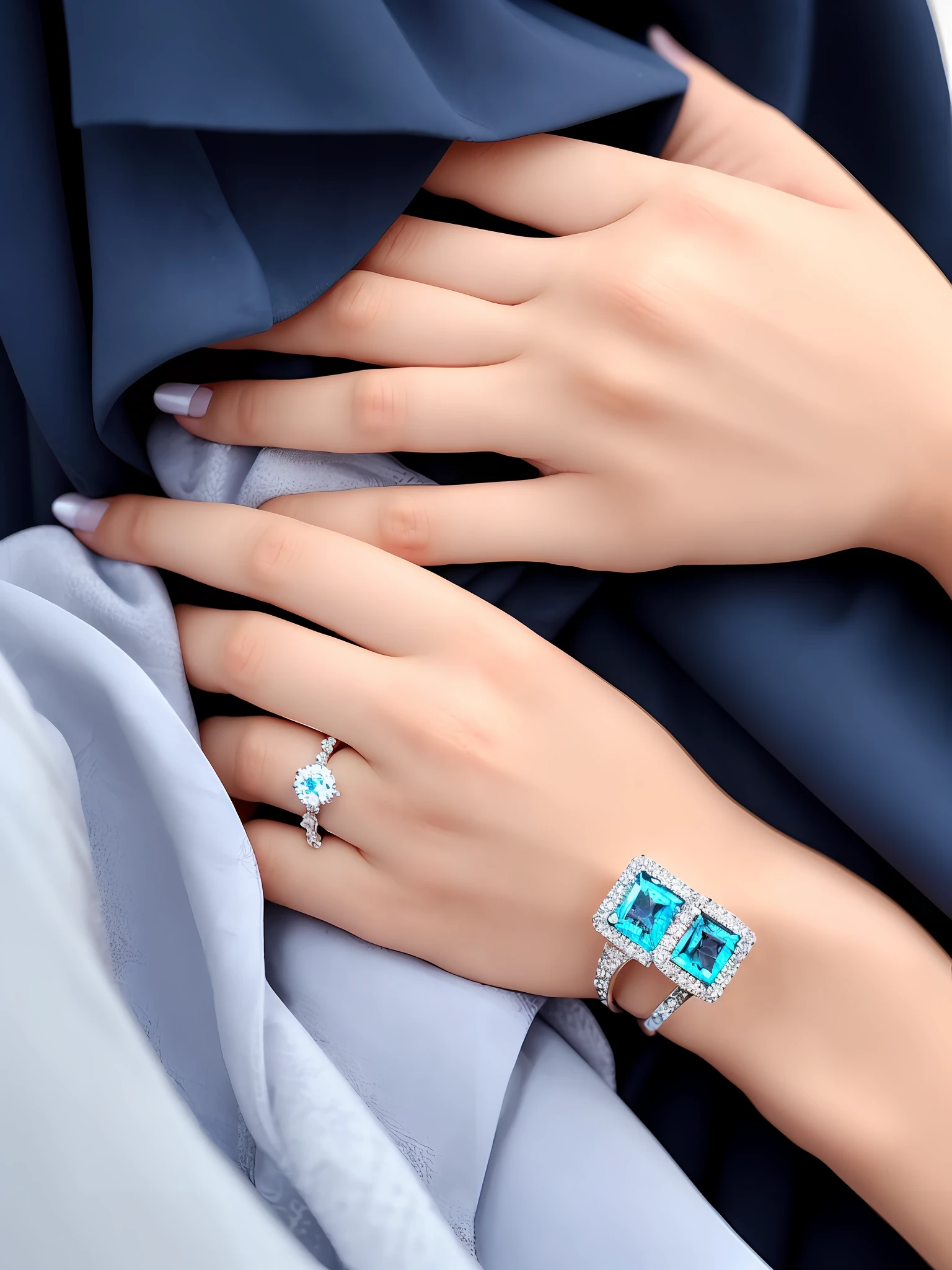 A girl's hand is wearing a Fancy Blue Floral diamond ring on her little finger
