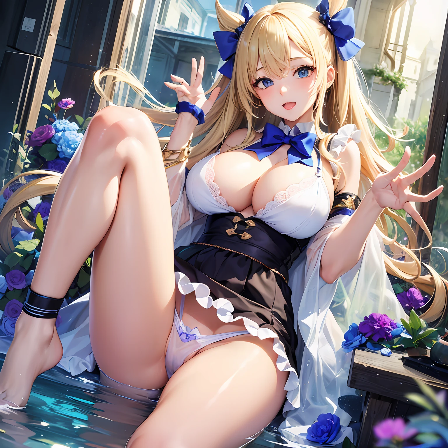 1girll,(transparent panty:1.3),Best quality, hyper HD, High detail，anime big breast,Get wet all over your body, Cock your ass，(See panties),blonde with blue eyes，long whitr hair，opening legs，florals， Bow knot， Blushlush,