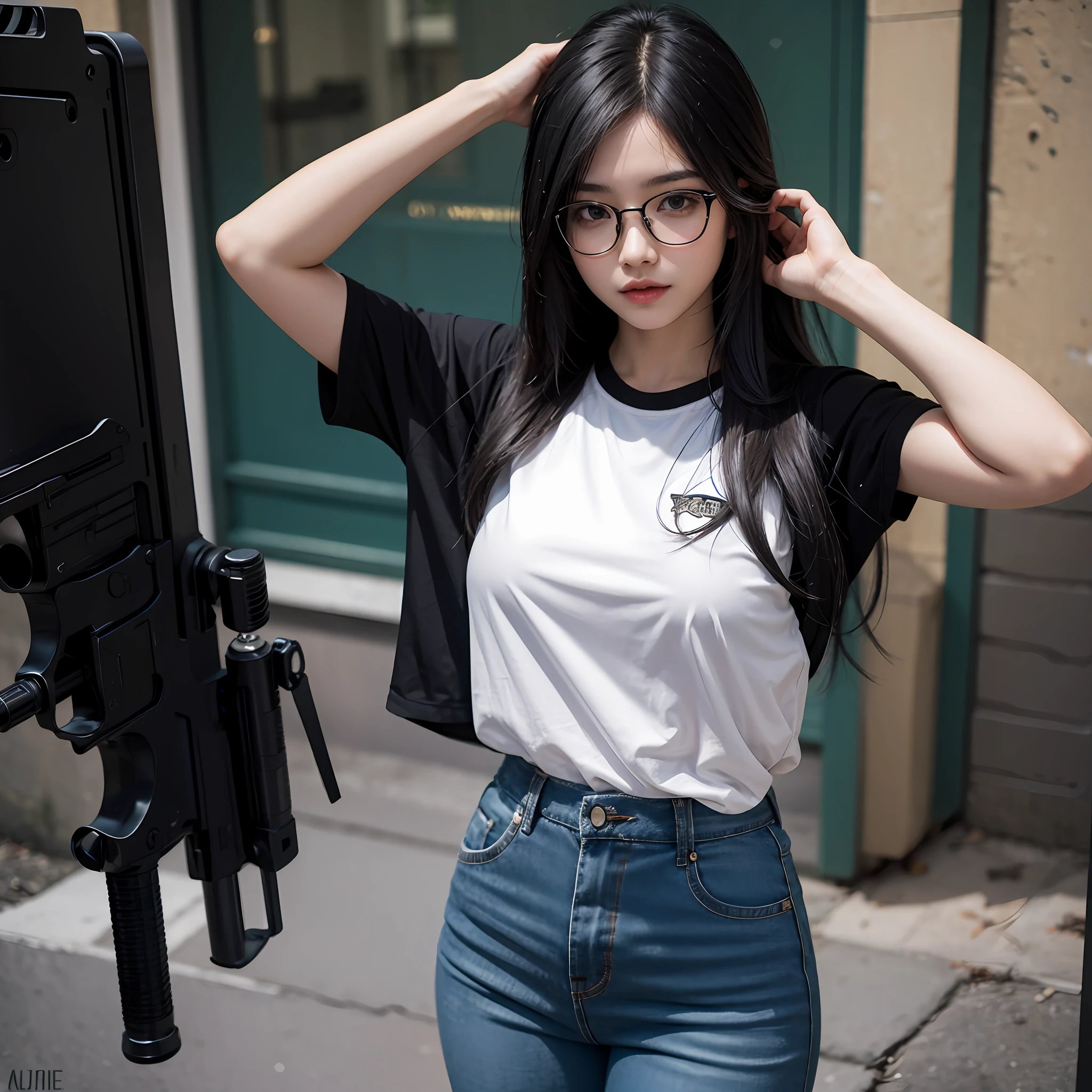 1girl, black hair, longhair, Glasses, Shirt soldier, hot pants, Gun, masterpiece,best quality, detailed