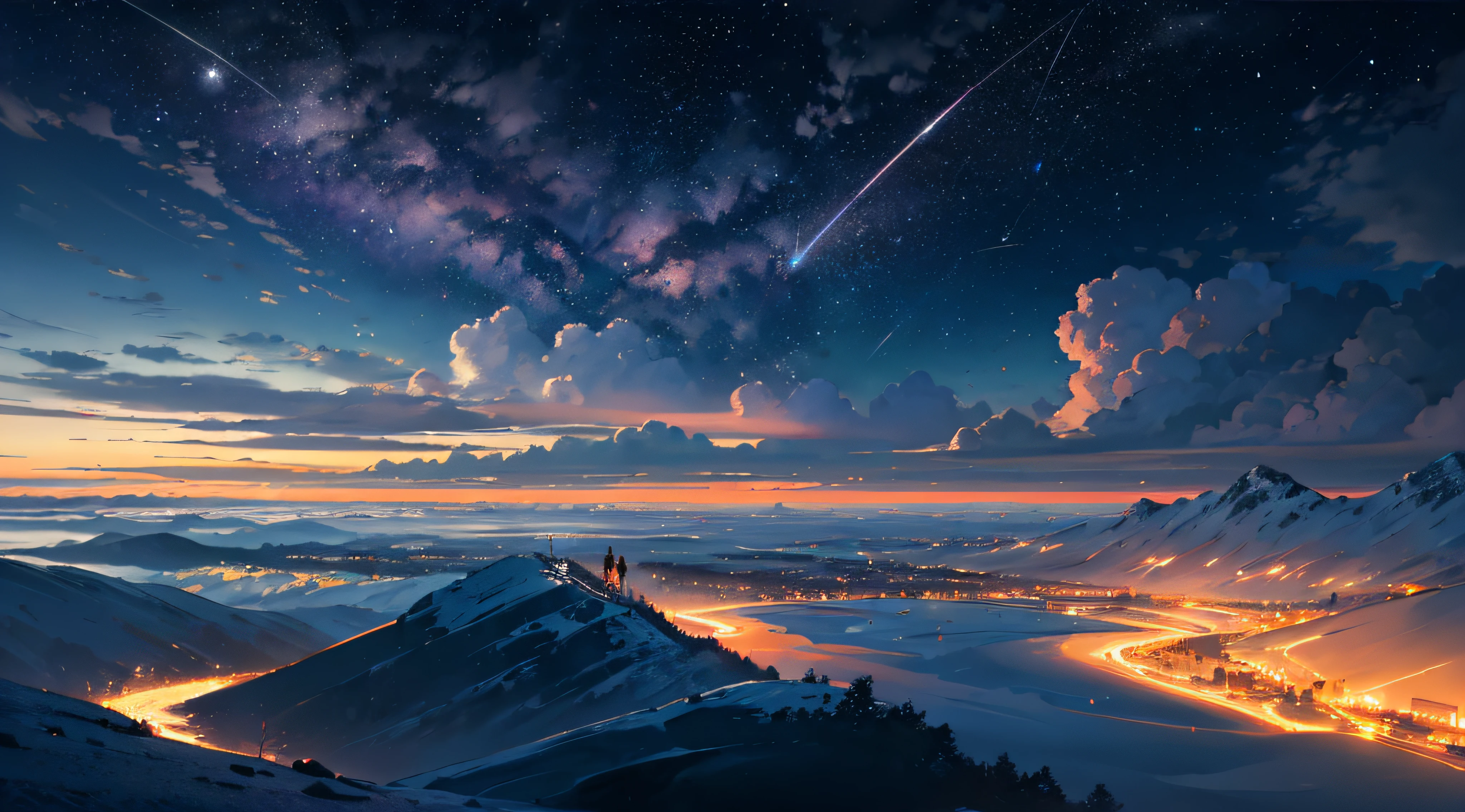 Expansive landscape photograph,(moon full:1.2),(meteors:0.9),(Starcloud:1.3),(Warm light source:1.2),(glowworm:1.2),lamp lights,Lots of purple and orange,Complicated details,Volumetriclighting,Realism BREAK(tmasterpiece:1.2),(best qualtiy),8K,Ultra-detailed,(dynamic compositions:1.4),The is very detailed,Colorful details,(Irridescent color:1.2),(luminouslighting,Atmospheric lighting),dream magical,magical,(独奏:1.2),((best qualtiy)), ((tmasterpiece)), (the detail:1.4),depth of fields,maximum definition and sharpness,perfectly proportions,Fluttering clouds,Wallpapers