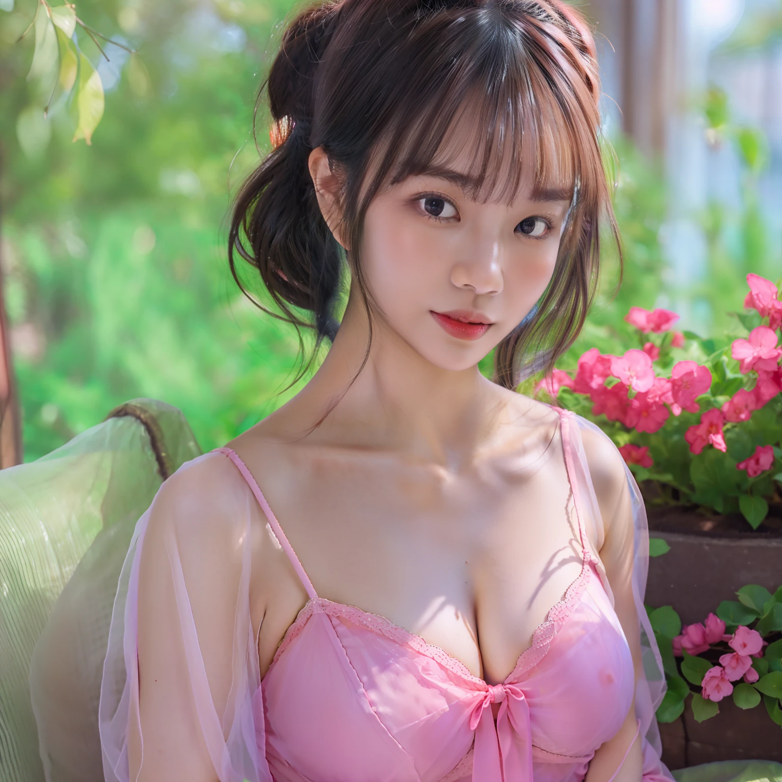 ((top-quality:1.4、8K、32K、nffsw:1.3))、(unparalleled masterpiece ever)、(Photorealsitic:1.4)、Real 1.2、((Raw photography、真实感:1.6))、1girl in、Women in Japan、hyperdetailed face、(Gentle expression、A slight smil、with round face)、(Deep_V-neck_Dress:1.2)、(Exaggerated body proportions、perfectly proportions、Colossal tits:1.27、bigtits)、sensual bodies、(full body Esbian、Sitting Woman)、((Transparent Night Dress))、Elegant dress、(summer slip dress)、((Deep Neckline Lip Dress))、Crystal Clear Fabric、lacy fabric、(Colossal tits:1.27)、bigtits、ulzzang -6500-v1.1、Woman in her 20s、Short length dress、Light pink dress、hyperdetailed face、A detailed eye、with round face、二重まぶた、((A dark-haired、poneyTail))、Red Rouge、Red Pumps、photon maping、detailed skin textures