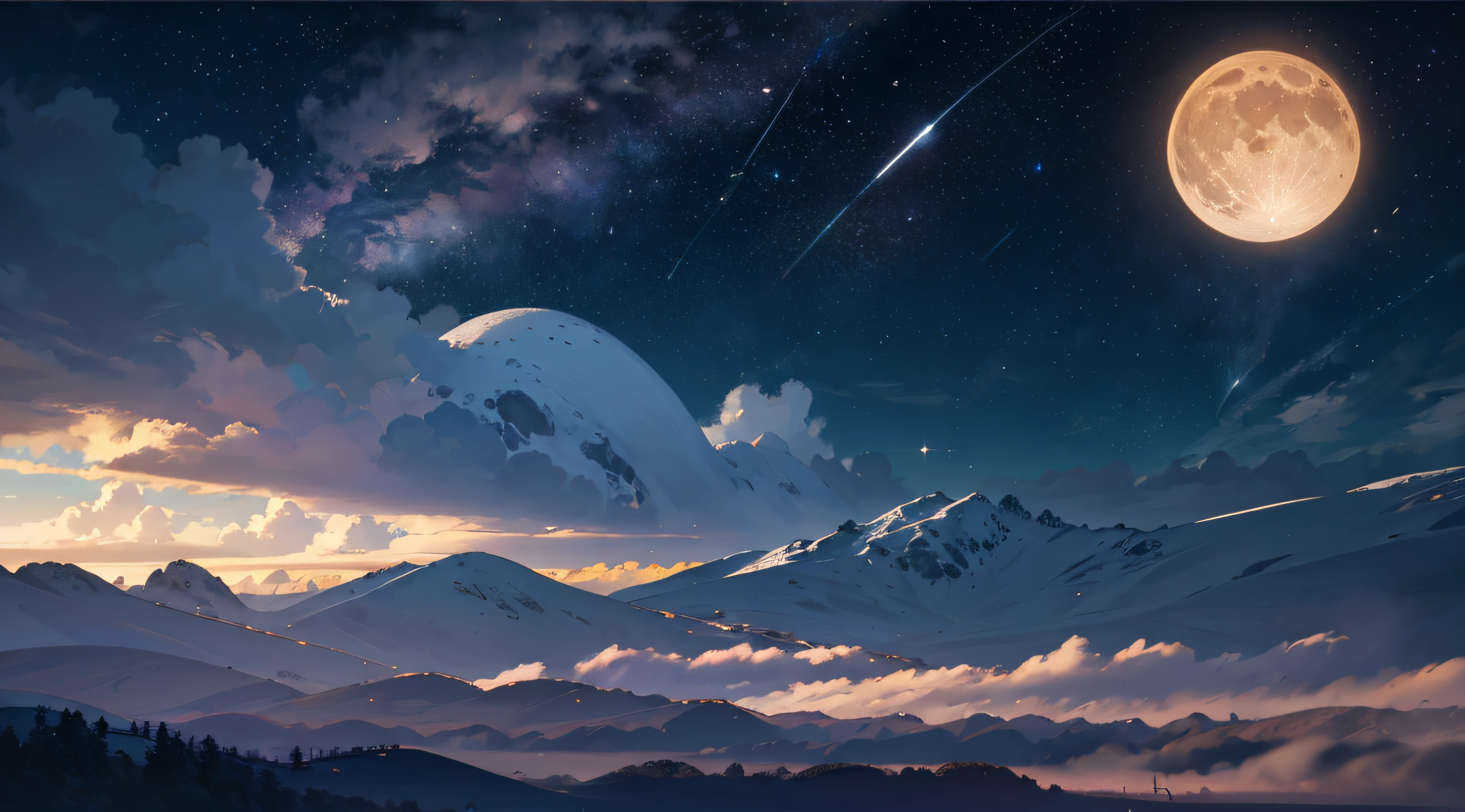 Expansive landscape photograph，（moon full：1.2），（meteors：0.9），（Starcloud：1.3），（Warm light source：1.2），（glowworm：1.2），lamp lights，Lots of purple and orange，Complicated details，Volumetriclighting，Realism BREAK（tmasterpiece：1.2），（best qualtiy），8K，Ultra-detailed，（dynamic compositions：1.4），The is very detailed，Colorful details，（Irridescent color：1.2），（luminouslighting，Atmospheric lighting），dream magical，magical，（独奏：1.2），（（best qualtiy））， （（tmasterpiece））， （the detail：1.4），depth of fields，maximum definition and sharpness，perfectly proportions，Fluttering clouds，Wallpapers