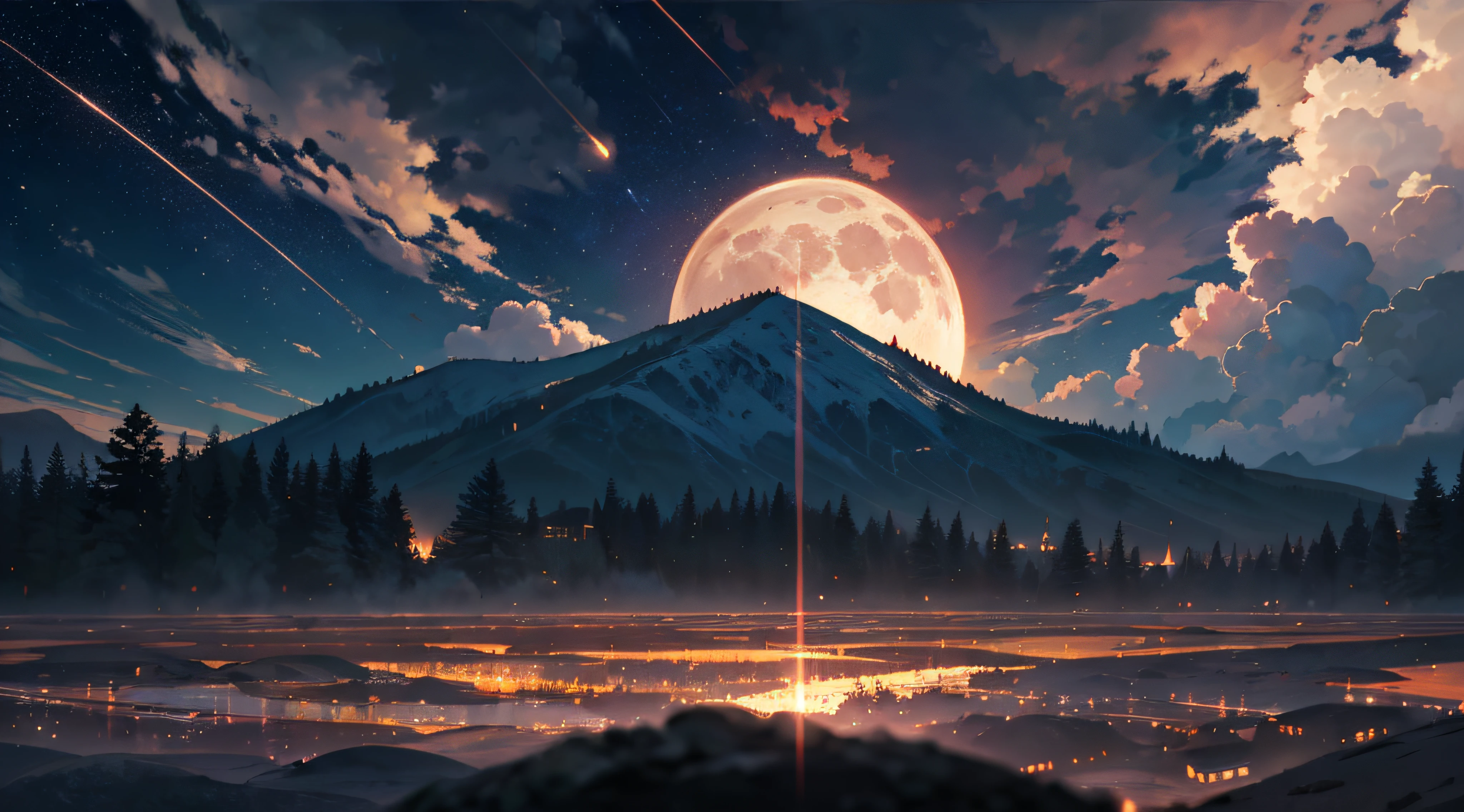 Expansive landscape photograph，（moon full：1.2），（meteors：0.9），（Starcloud：1.3），（Warm light source：1.2），（glowworm：1.2），lamp lights，Lots of purple and orange，Complicated details，Volumetriclighting，Realism BREAK（tmasterpiece：1.2），（best qualtiy），8K，Ultra-detailed，（dynamic compositions：1.4），The is very detailed，Colorful details，（Irridescent color：1.2），（luminouslighting，Atmospheric lighting），dream magical，magical，（独奏：1.2），（（best qualtiy））， （（tmasterpiece））， （the detail：1.4），depth of fields，maximum definition and sharpness，perfectly proportions，Fluttering clouds，Wallpapers