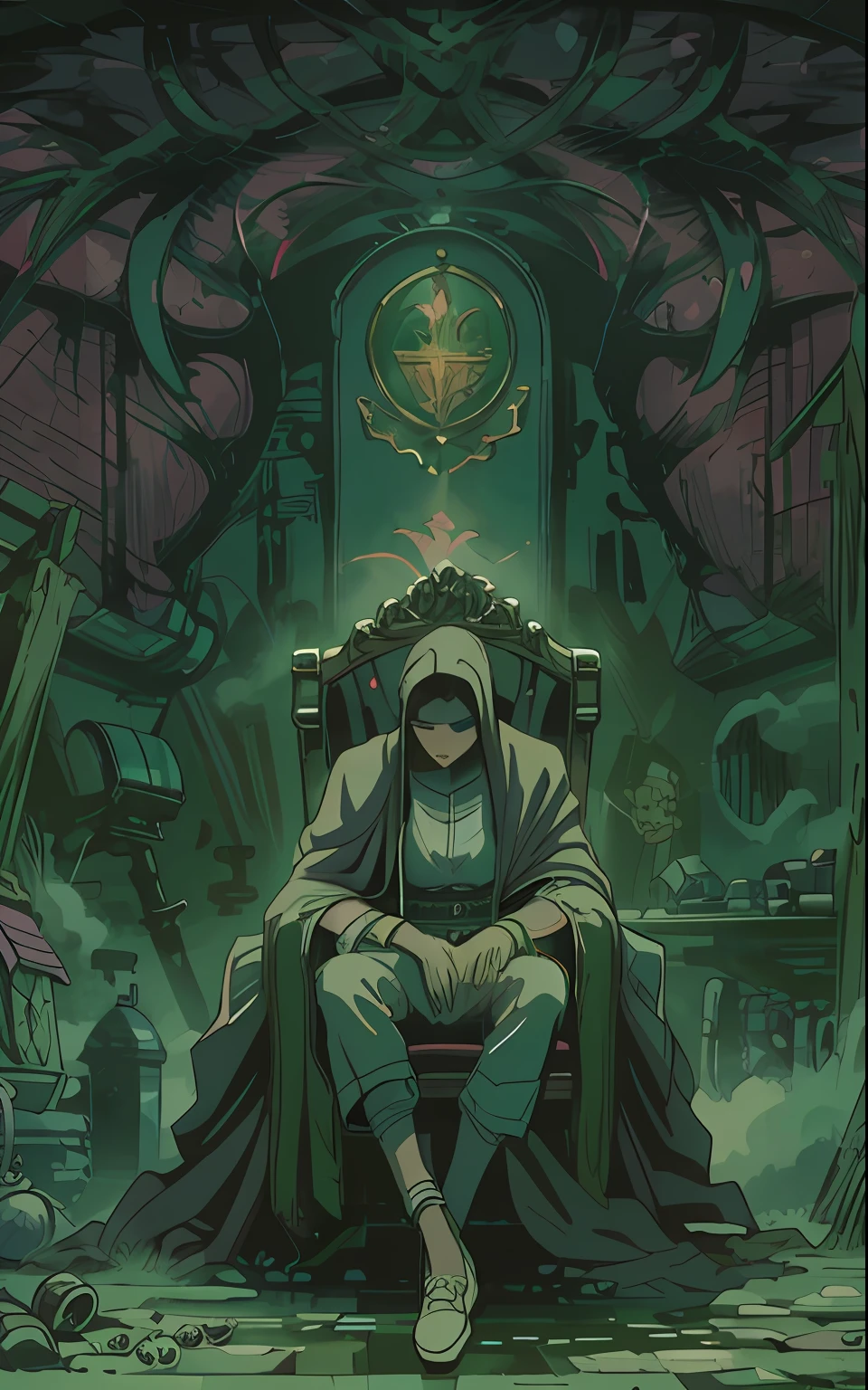 Computer-generated image, realistic fentezi, detailing, Detailed clarity, In the foreground is a huge throne, A woman in a cloak sits on a throne, Solo Woman, In the background, a man hugging a woman, Illustrate a monochromatic world with the addition of green, Use only shades of black, White & gris, To convey depth, Emotions and striking visual impact. Landscapes."street fighter", in the style of 0MIB, many people, slums