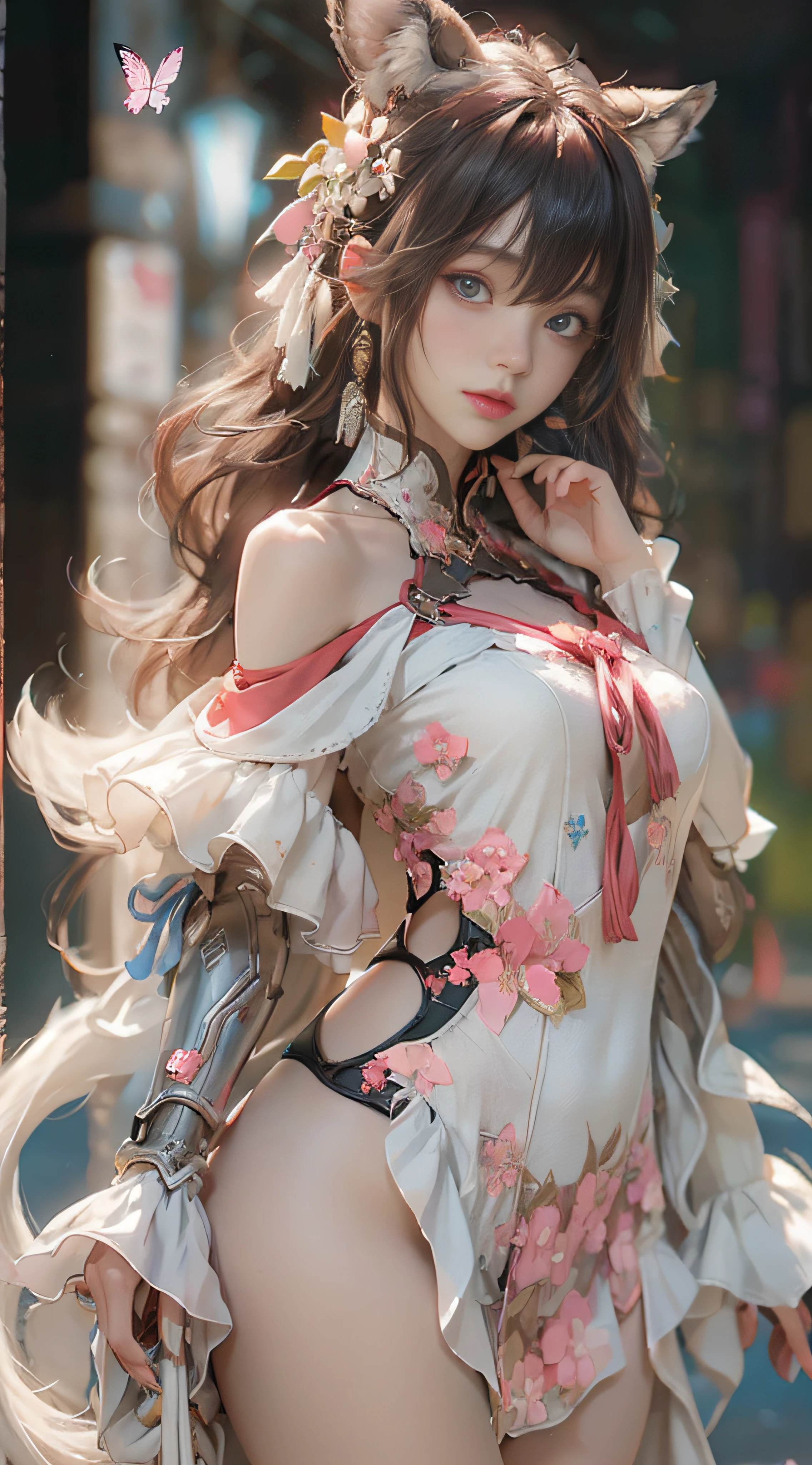 （（best qualtiy））， （（tmasterpiece））， （detail：1.4）， Beautiful cyberpunk female images，hdr（HighDynamicRange），Ray traching，NVIDIA RTX，Hyper-Resolution，illusory 5，sub surface scattering，PBR textures，post-proces，Anisotropy Filtering，depth of fields，maximum definition and sharpness，Many-Layer Textures，Albedo e mapas Speculares，Surface coloring，Mitsu-Accurate simulation of material interactions，perfectly proportioned，rendering by octane，Two-colored light，largeaperture，Low ISO，White balance，Rule three points、8K raw data、Beautiful bright blue pupils，off-the-shoulder clothes，Fine pupils，Delicate face and eyes，long eyelasher，Blushlush，Delicate and fluffy hair，pink lip，Pure，Cute face，Sweet girl，Artistic sense，Casual wear，Advancedsense，butterflys，Cherry blossom petal，Beautiful hair accessories，Long hair and waist，Hair fluttering in the wind，Snow-white fox ears，curlies，Snow-white fluffy tail，Positive light，The light from the back window is backlighted