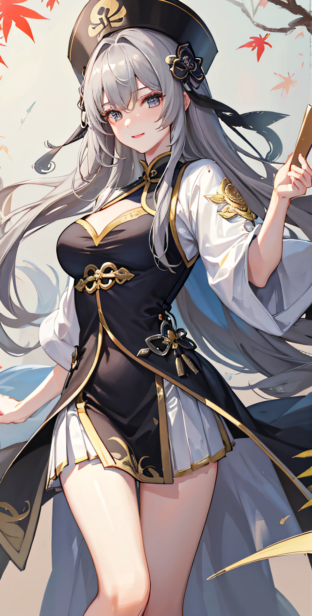 best qualtiy，tmasterpiece，超高分辨率，（realisticlying：1.4），xiuxian，Golden robe，Long gray hair，Maple leaf print，Foil trim，Detal Face， 1girll，独奏，ssmile，delicate leg，（Magical Circle：1.2），xiuxian，The upper part of the body，a beauty girl，A half body，Jacket，Beautiful dress