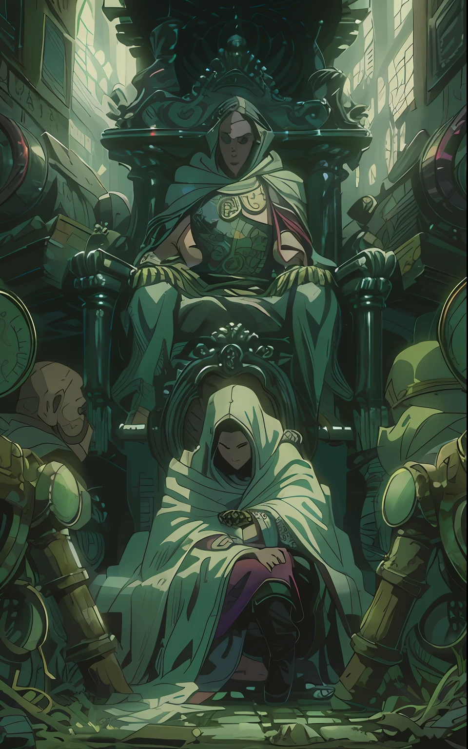 Computer-generated image, realistic fentezi, detailing, Detailed clarity, In the foreground is a huge throne, A woman in a cloak sits on a throne, Solo Woman, In the background, a man hugging a woman, Illustrate a monochromatic world with the addition of green, Use only shades of black, White & gris, To convey depth, Emotions and striking visual impact. Landscapes."street fighter", in the style of 0MIB, many people, slums