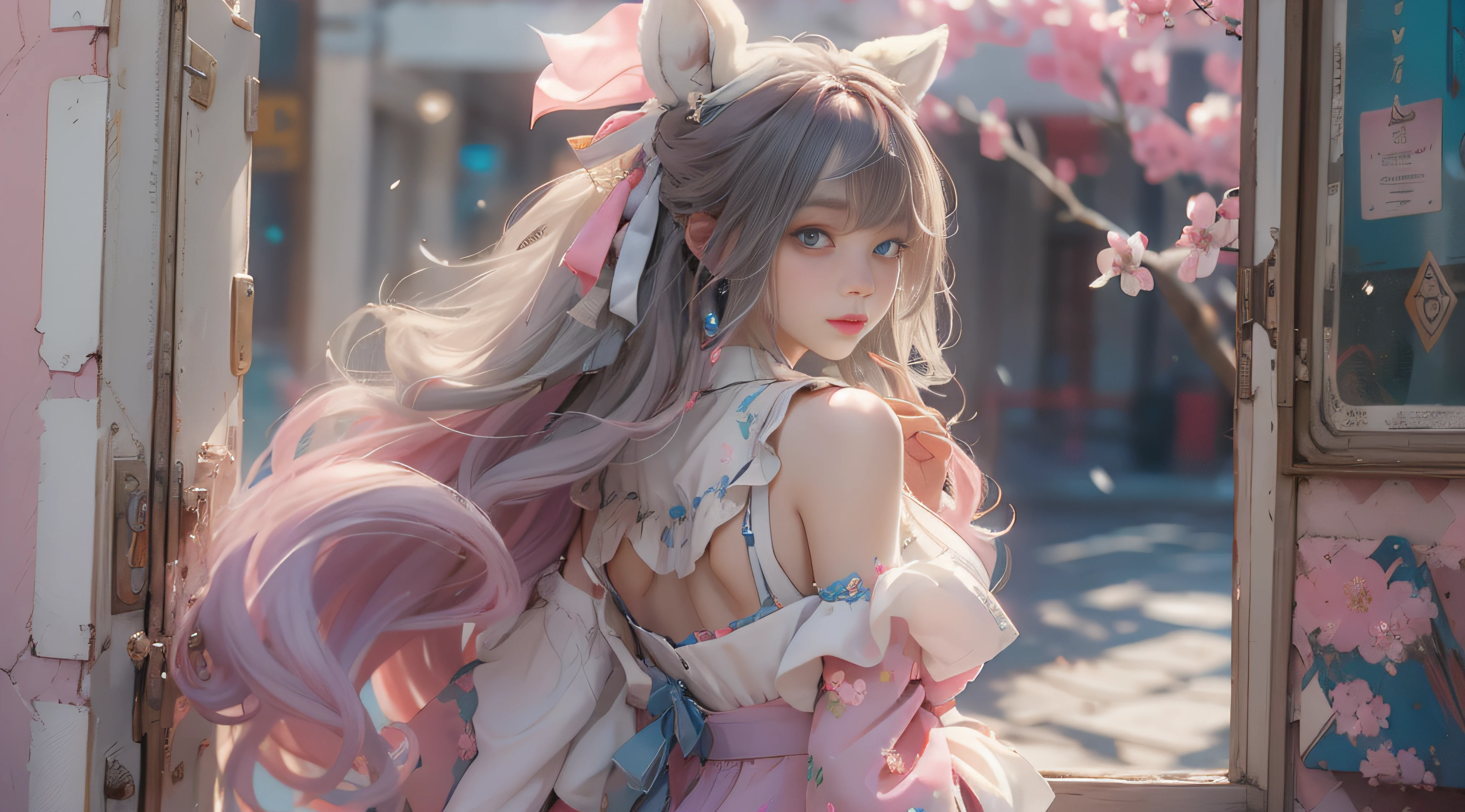 （（best qualtiy））， （（tmasterpiece））， （detail：1.4）， Beautiful cyberpunk female images，hdr（HighDynamicRange），Ray traching，NVIDIA RTX，Hyper-Resolution，illusory 5，sub surface scattering，PBR textures，post-proces，Anisotropy Filtering，depth of fields，maximum definition and sharpness，Many-Layer Textures，Albedo e mapas Speculares，Surface coloring，Mitsu-Accurate simulation of material interactions，perfectly proportioned，rendering by octane，Two-colored light，largeaperture，Low ISO，White balance，Rule three points、8K raw data、Beautiful bright blue pupils，off-the-shoulder clothes，Fine pupils，Delicate face and eyes，long eyelasher，Blushlush，Delicate and fluffy hair，pink lip，Pure，Cute face，Sweet girl，Artistic sense，Casual wear，Advancedsense，butterflys，Cherry blossom petal，Beautiful hair accessories，Long hair and waist，Hair fluttering in the wind，Snow-white fox ears，curlies，Snow-white fluffy tail，Positive light，The light from the back window is backlighted