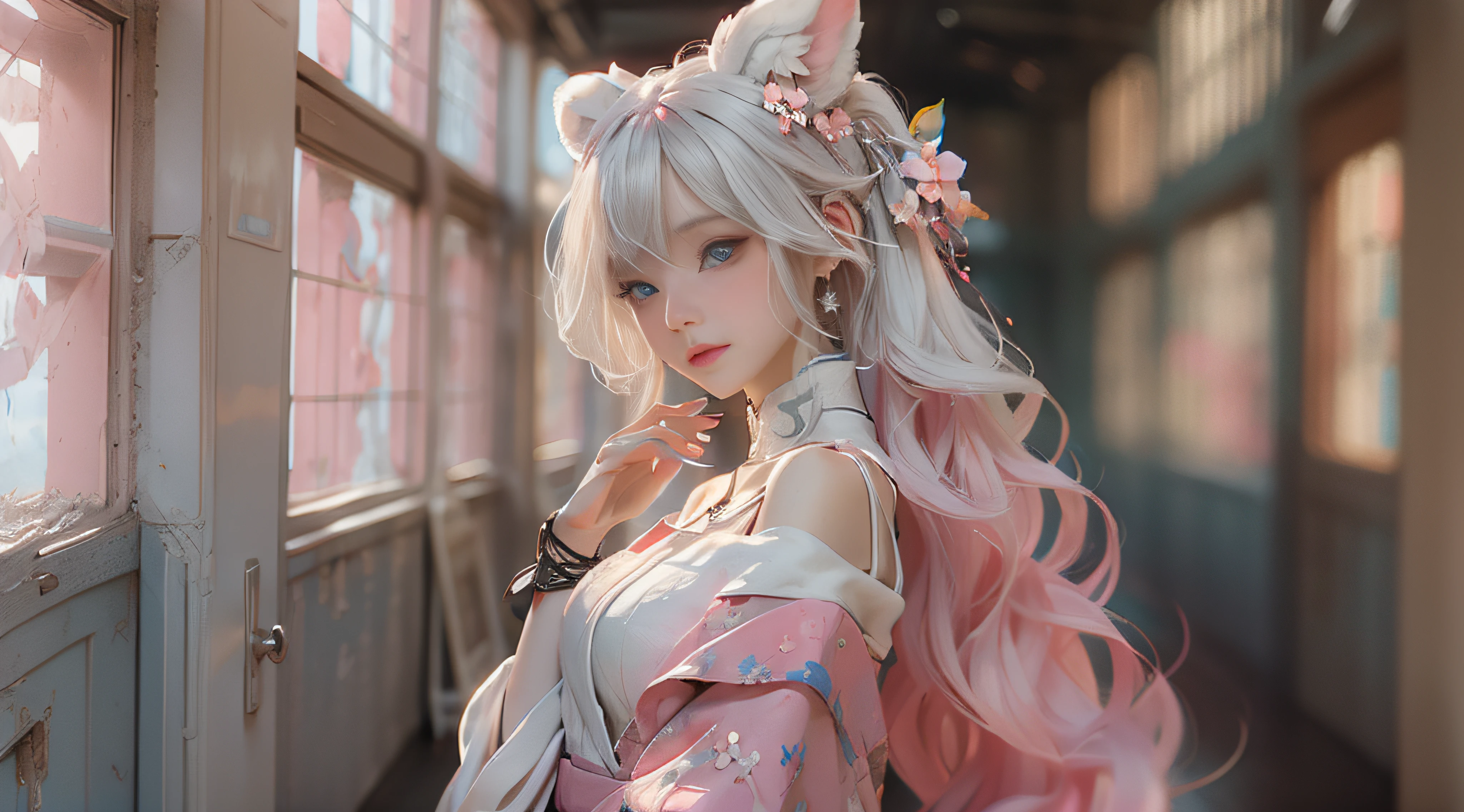 （（best qualtiy））， （（tmasterpiece））， （detail：1.4）， Beautiful cyberpunk female images，hdr（HighDynamicRange），Ray traching，NVIDIA RTX，Hyper-Resolution，illusory 5，sub surface scattering，PBR textures，post-proces，Anisotropy Filtering，depth of fields，maximum definition and sharpness，Many-Layer Textures，Albedo e mapas Speculares，Surface coloring，Mitsu-Accurate simulation of material interactions，perfectly proportioned，rendering by octane，Two-colored light，largeaperture，Low ISO，White balance，Rule three points、8K raw data、Beautiful bright blue pupils，off-the-shoulder clothes，Fine pupils，Delicate face and eyes，long eyelasher，Blushlush，Delicate and fluffy hair，pink lip，Pure，Cute face，Sweet girl，Artistic sense，Casual wear，Advancedsense，butterflys，Cherry blossom petal，Beautiful hair accessories，Long hair and waist，Hair fluttering in the wind，Snow-white fox ears，curlies，Snow-white fluffy tail，Positive light，The light from the back window is backlighted