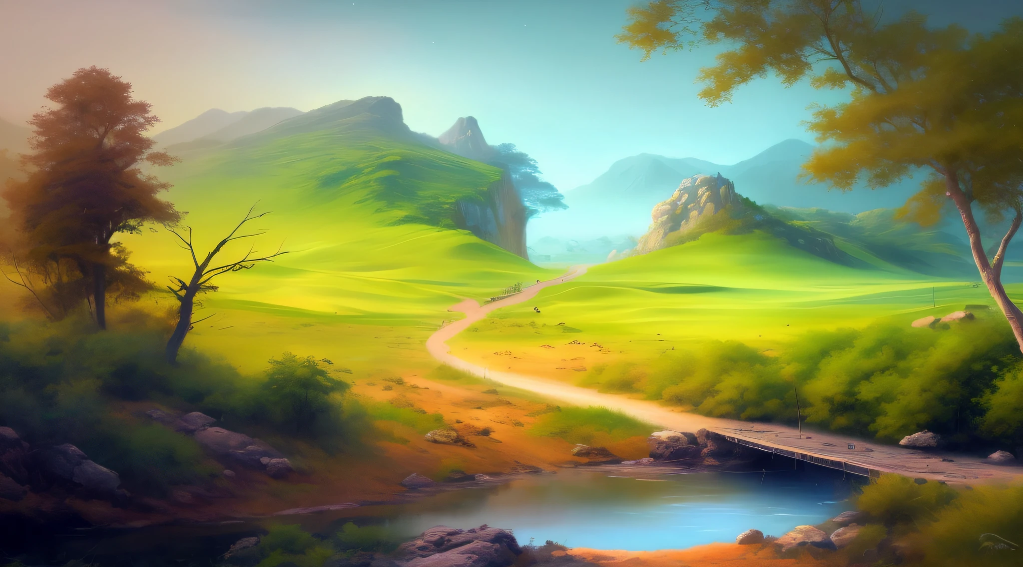 pintura de um rio que atravessa um vale verde exuberante com montanhas ao fundo, Pintura digital 4K, Pintura digital 4k, 8k resolution digital painting, 8k resolution digital painting, pintura digital bonita, WLOP e RHADS, Pintura digital 8k, pintura de paisagem de fantasia, lindo pintura digital, pintura digital impressionante, paisagem de arte de fantasia, arte conceitual de pintura digital