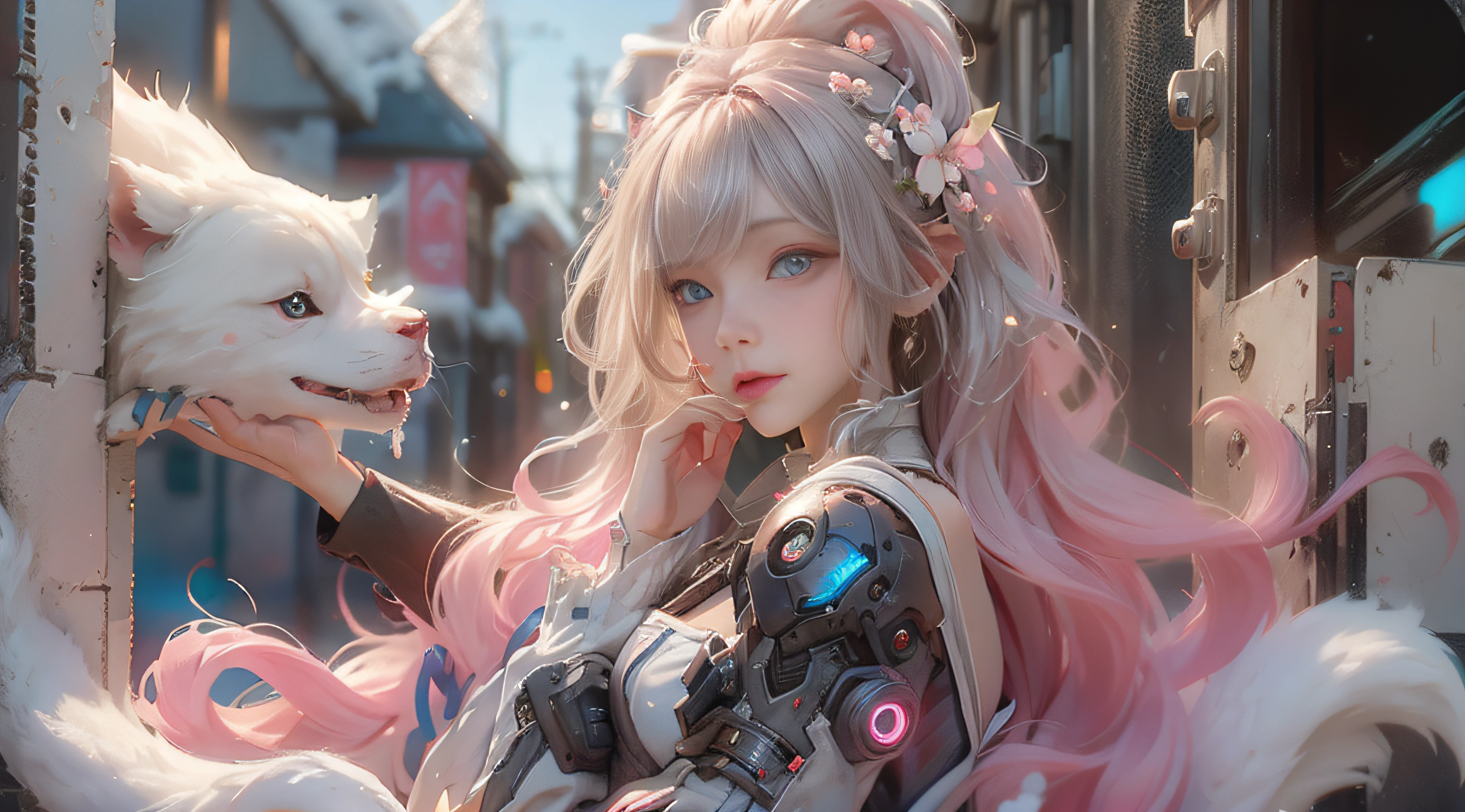 ((best qualtiy)), ((tmasterpiece)), (detail:1.4), Beautiful cyberpunk female images,hdr(HighDynamicRange),Ray traching,NVIDIA RTX,Hyper-Resolution,illusory 5,sub surface scattering,PBR textures,post-proces,Anisotropy Filtering,depth of fields,maximum definition and sharpness,Many-Layer Textures,Albedo e mapas Speculares,Surface coloring,Mitsu-Accurate simulation of material interactions,perfectly proportioned,rendering by octane,Two-colored light,largeaperture,Low ISO,White balance,Rule three points、8K raw data、Beautiful bright blue pupils,off-the-shoulder clothes,Fine pupils,Delicate face and eyes,long eyelasher,Blushlush,Delicate and fluffy hair,pink lip,Pure,Cute face,Sweet girl,Artistic sense,Casual wear,Advancedsense,butterflys,Cherry blossom petal,Beautiful hair accessories,Long hair and waist,Hair fluttering in the wind,Snow-white fox ears,curlies,Snow-white fluffy tail,Positive light,The light from the back window is backlighted