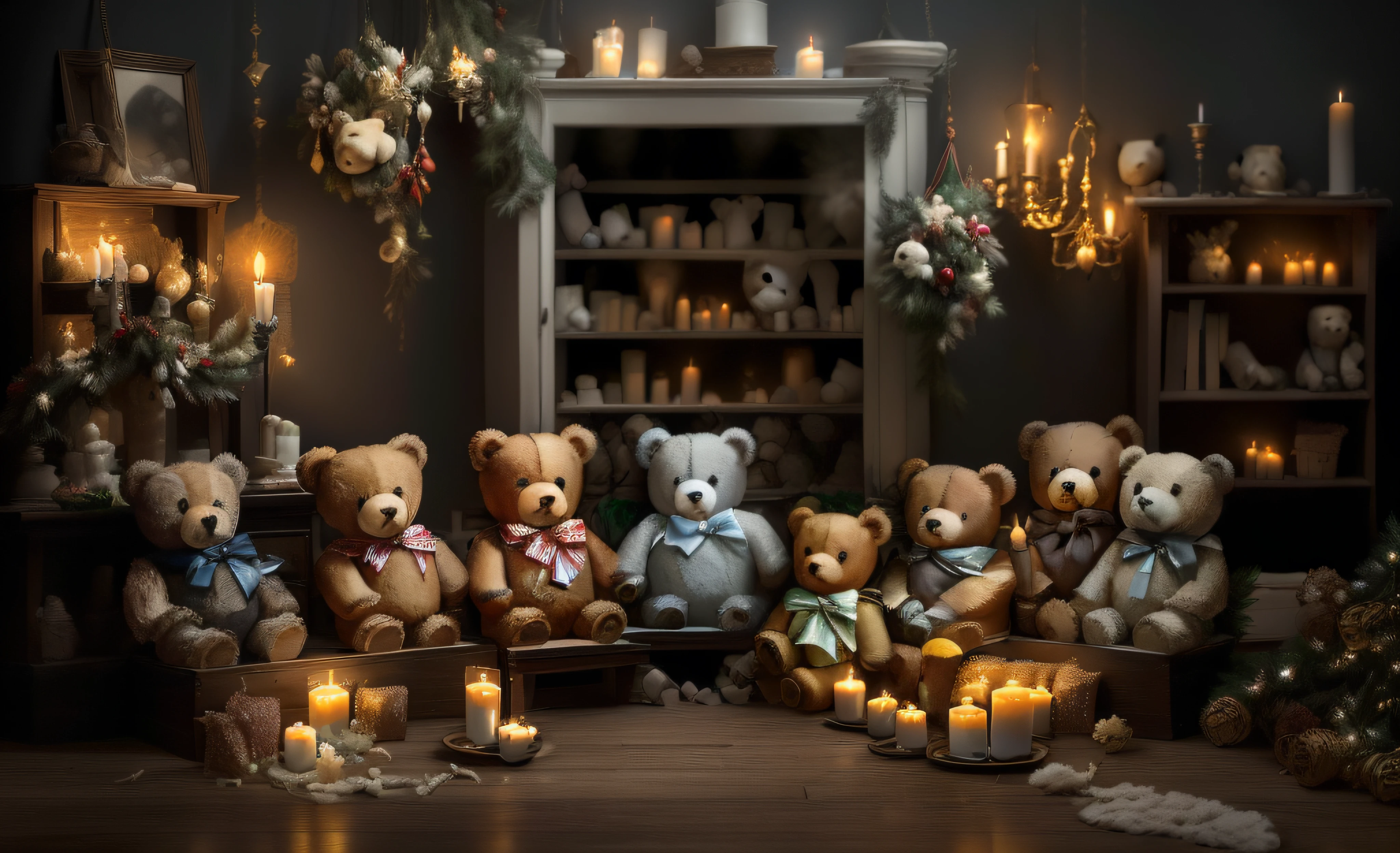 ((There are many teddy bears sitting in a room with candles)):1.8, room full of candles, in a room full of candles, festive atmosphere, cartoon, cozy atmosphere, soft mood, moody atmosphere, dreamy atmosphere, many candles, nostalgic atmosphere, cozy candlelight, dark vignette, cozy atmosphere, old, holiday season