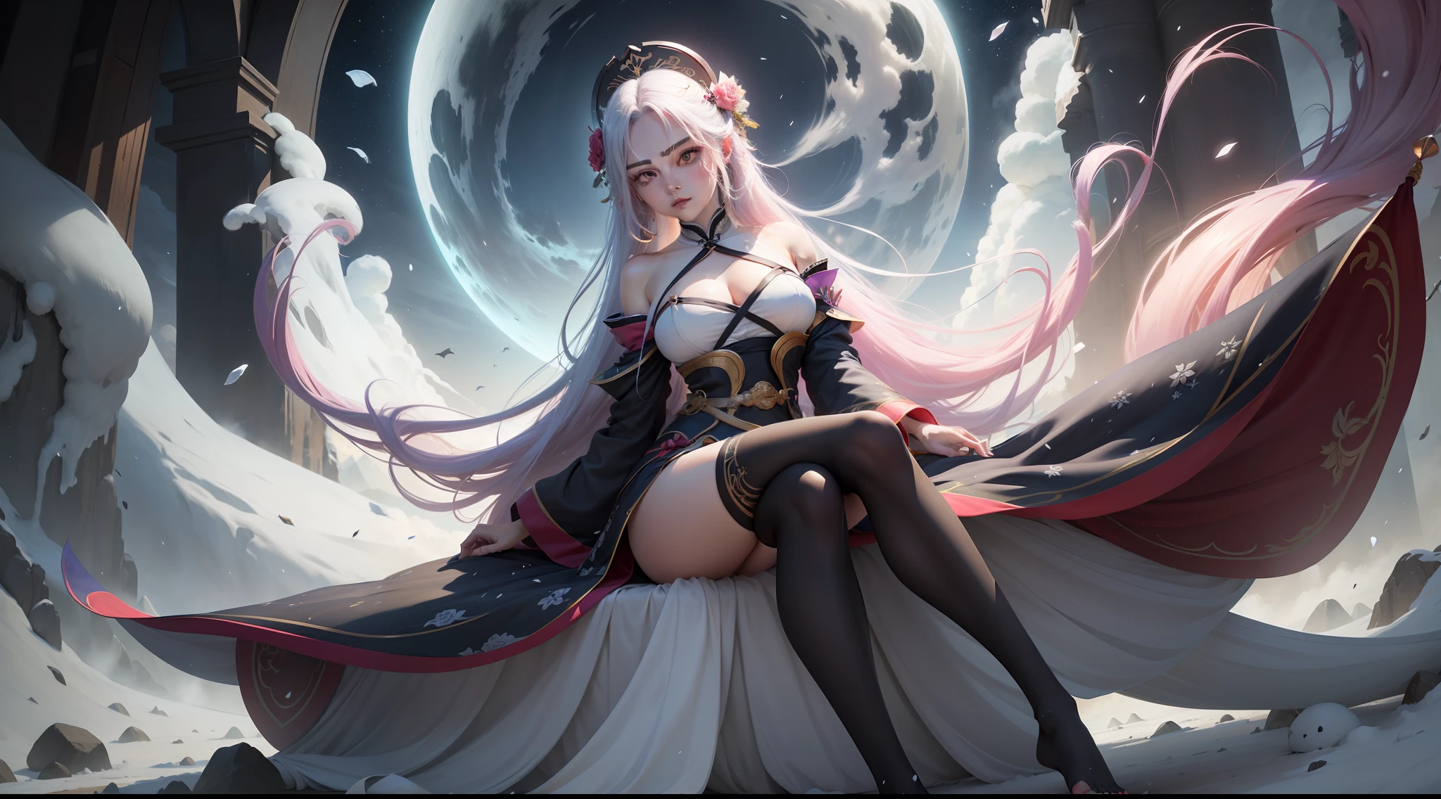 the night,Xianxia World,From below,over knee socks,rays of moonlight,Shine on the side of the girl's face,chase, play, play,22 year old,realisticlying,She wears a colorful Hanfu long dress,Wide sleeves,Off-the-shoulder attire,One shoulder,Expose the lateral breasts,huge tit,Exposed cleavage,Extra-long colorful hair,Color gradient for long hair(1.5),Messy hair,Hair pressed under the body,Barefoot,realskin,realcumAI,Snow-white skin,Snow-white thighs,Top image quality,Extreme light and shadow,a throne,Black tights