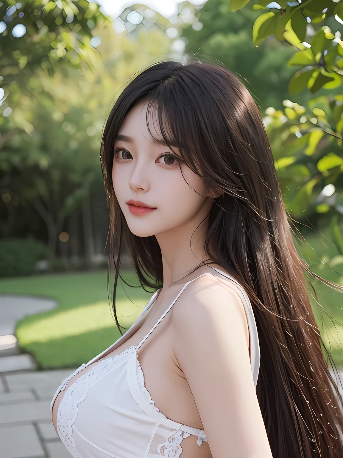 masterpiece, The highest image quality, hightquality, beautiful a girl, japanes, Japan schoolgirl, Popular Korean Makeup, detaileds, Swollen eyes, A detailed eye, Detailed skin, Beautiful skins, 超A high resolution, (Realistis:1.4), very extremely beautiful, Slightly younger face, Beautiful skins, slender, (A hyper-realistic), (illustratio), (hight resolution), (8K), (ighly detailed), (The best illustrations), (beautifully detailed eyes), (ultra-detailliert), (wall-paper), (详细的脸), looking at the viewers, finely detail、A detailed face、pureerosfaceace_v1、Toothy smile、Looking straight ahead、Looking straight ahead、angle from waist up、photos realistic、Bright lighting、profetional lighting、A dark-haired(Some greenery)、length hair、Dark ruins、Big Red Moon、Gorgeous red and black dress with open breasts、a matural female、long stylish bangs、fully body photo、Big、drooing eyes、slender