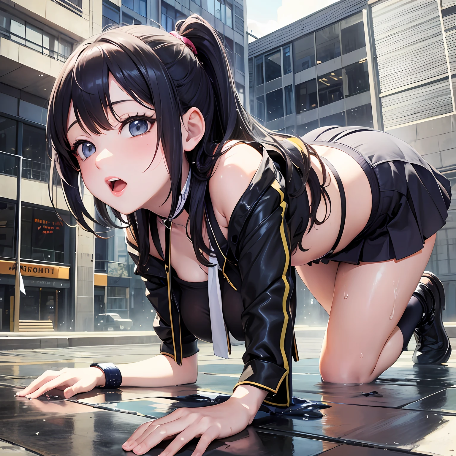 Get wet all over your body,(no panty:1.3), Best quality, hyper HD, High detail,anime big breast, Wet body, on the floor on all fours、Place your hands on the ground、raised hips、watch audience、angle from behind, Black hair,