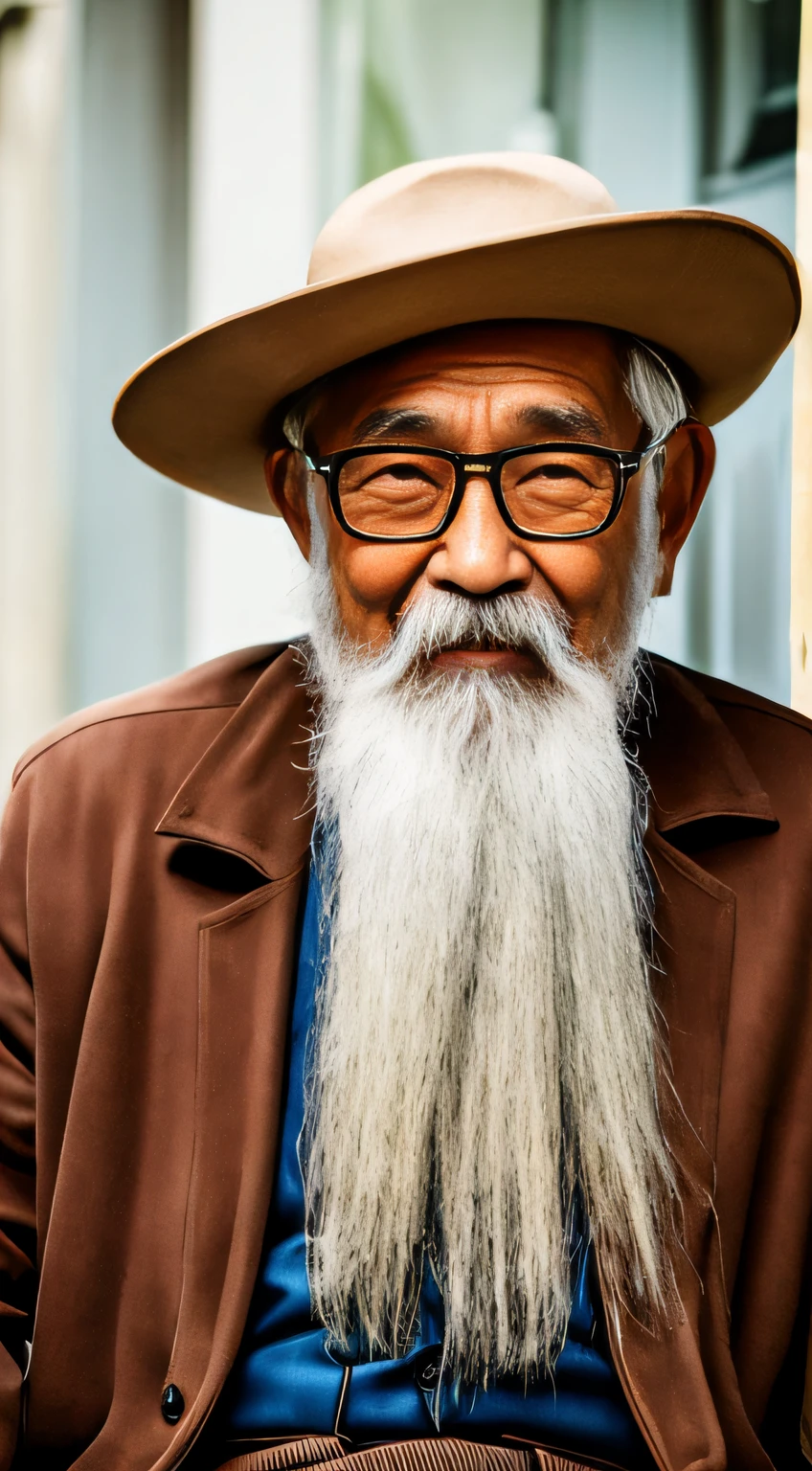 Portrait of an old man in China，With a hat，Wear glasses，sit on chair，Looks knowledgeable，Long beard，com rosto detalhado， Ultra HD in 8K, Digital SLR, Soft lighting, High quality, voluminetric lighting, candid, photographed, high resolution, 4K, 8K，Colorful，The upper part of the body，Do not show your hands