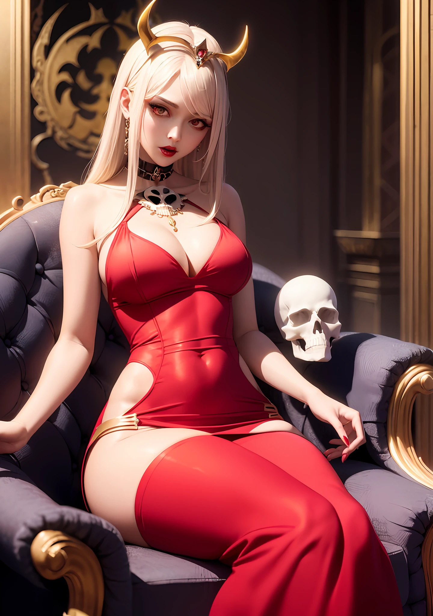 araffe dressed in red sitting on a gold throne with a skull, beautiful elegant demon queen, succubus in tight short dress, beautiful succubus, scary queen of death, queen of death, beautiful vampire queen, queen of hell, extremely detailed artgerm, goddess of death, on her throne, beautiful vampire female queen, guweiz, kda