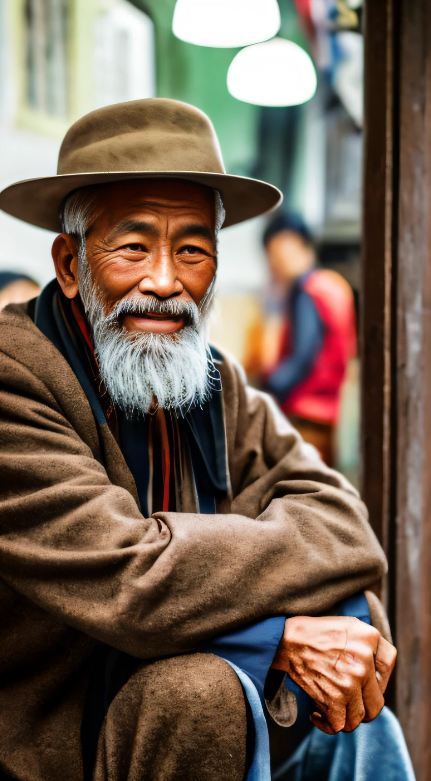 Portrait of an old man in China，With a hat，sit on chair，Looks knowledgeable，Long beard，com rosto detalhado， Ultra HD in 8K, Digital SLR, Soft lighting, High quality, voluminetric lighting, candid, photographed, high resolution, 4K, 8K，Colorful，The upper part of the body，No hands exposed