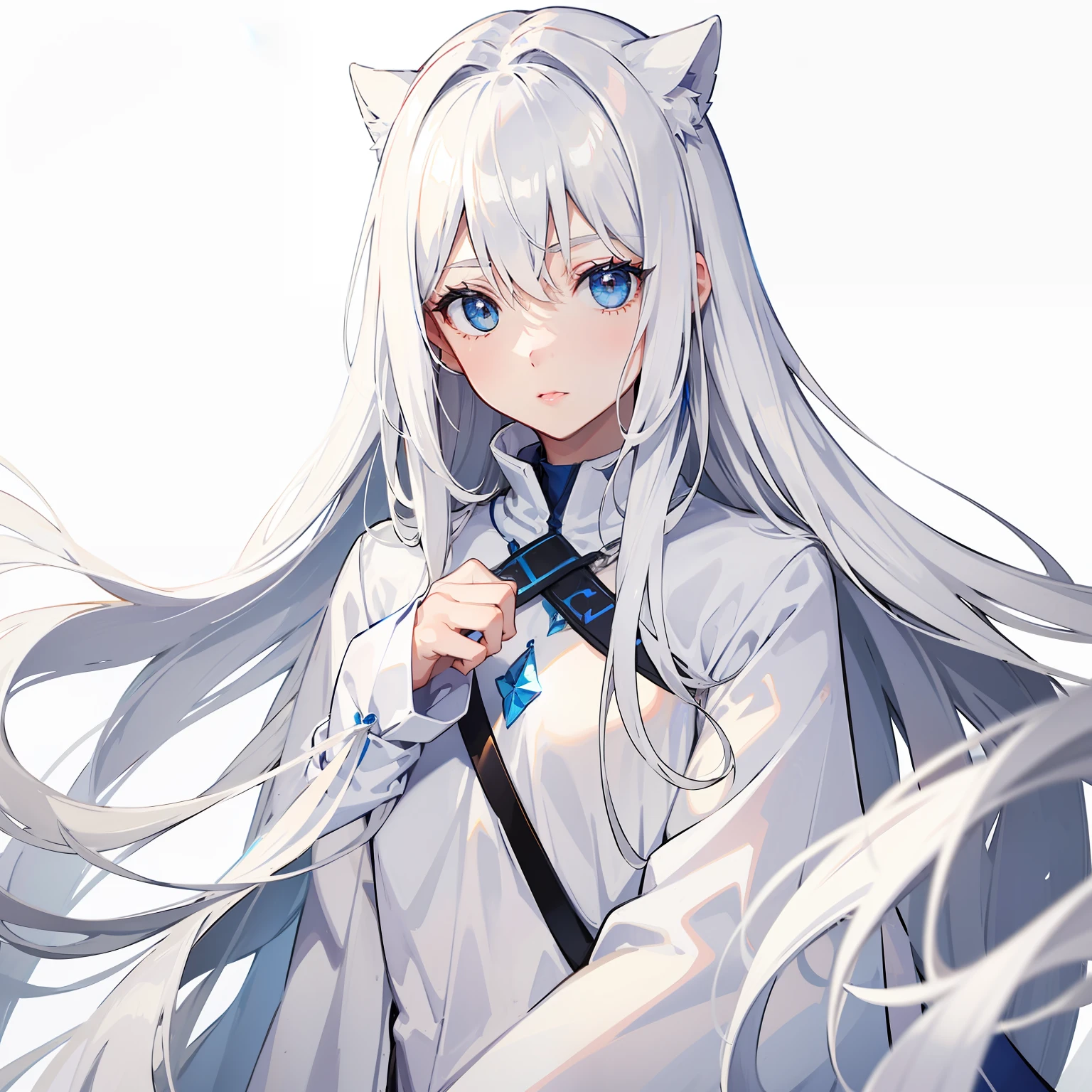 Manteau blanc,Blue eyes,brunette color hair,The upper part of the body,white skinned,long whitr hair,hair straight,Need