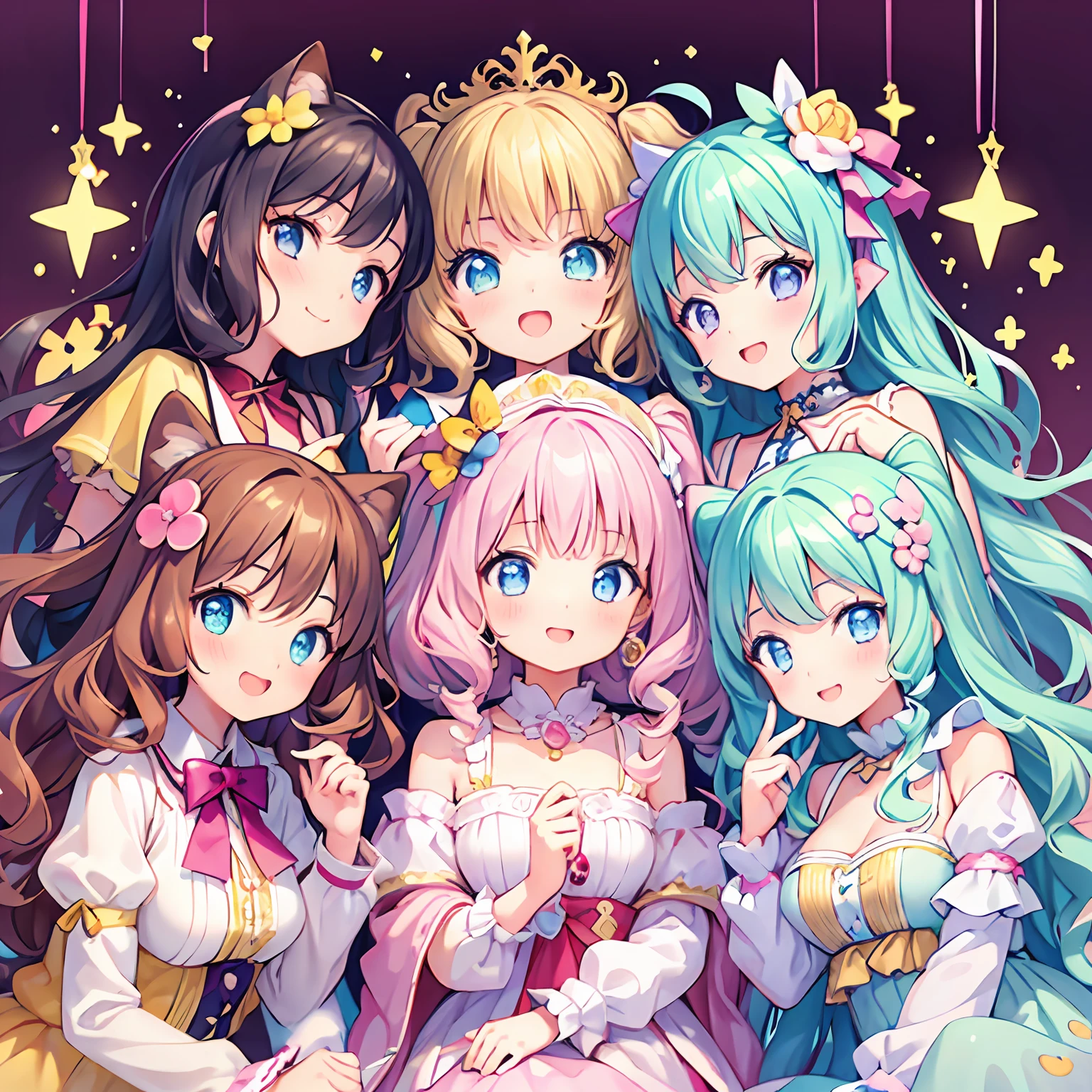 masterpiece, (2girls and 2girls and 2girls and 2girls at the palace), idol, big eyes, kawaiitech, kawaii, cute, pastel colors, best quality, happy, deep background, symmetrical, summer