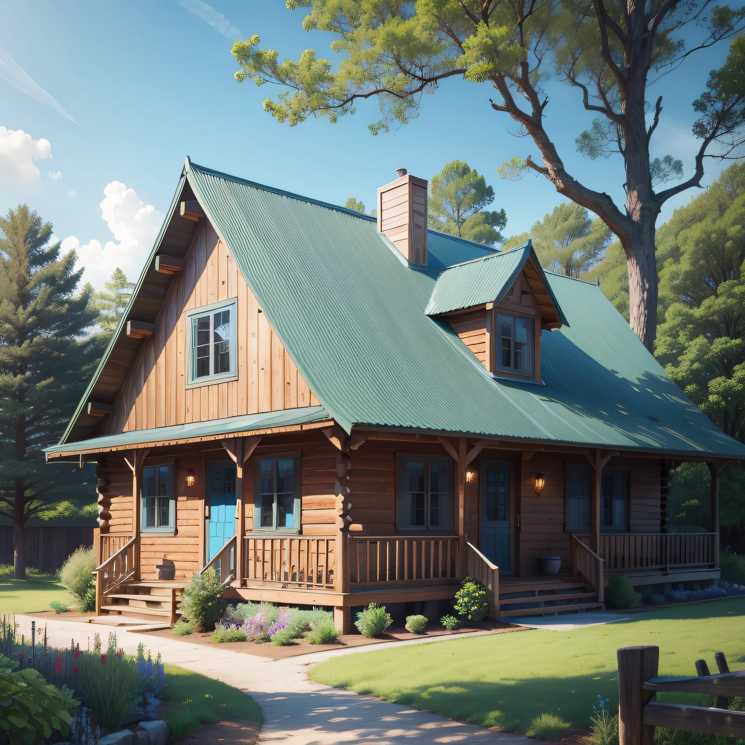 High hills,rivulets,wooden cabin,trpical garden,age-old tree,yard,Sky blue