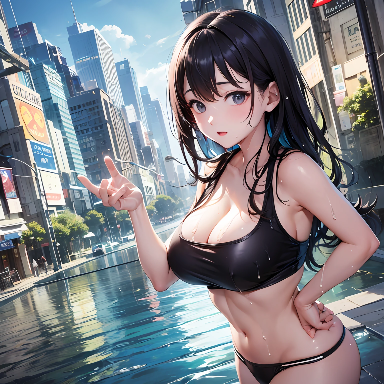 Get wet all over your body,(with no underpants:1.3), Best quality, hyper HD, High detail，anime big breast, Wet body, Place your hands on the ground、raised hips、watch audience、Look at it from the angle, Black hair，