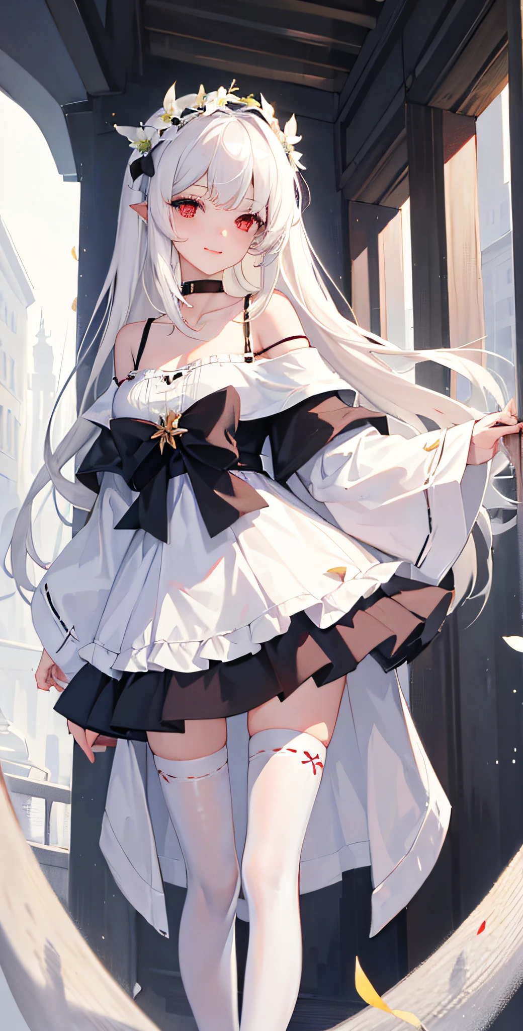 masterpiece,1girl,solo,((in_tree)),white_hair,long_hair,white_dress,collarbone,mole_under_eyes,light_smile,school_uniform,white_legwear,medium_breasts,off_shoulder,falling_leaf.flower,hair_ornament,red eyes