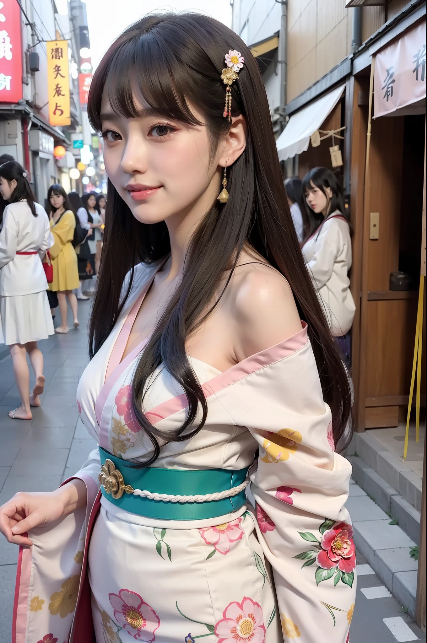 Photo Real、photoRealstic Dark hair、Japan hair ornament、Kanzashi、Fancy hair ornaments、Flashy kanzashi、Lots of bangs、hair adornments、Tied hair with round face、drooing eyes、cheeks turn red、Smiling happily Brightly colored kimono、Japan kimono、Japanese clothing with flashy patterns、Japanese clothes with flashy illustrations、Japanese clothes with conspicuous illustrations of flowers、Large belly roll hi-school girl、、japanes、skinny body、Beautiful skin、breastsout Bold poses、I enjoy、Frolic Pose、Frolicking Background with、Summer Festivals、Midnight、skyrocket、Crowds、Crowded alleys、Alley where many people are walking
