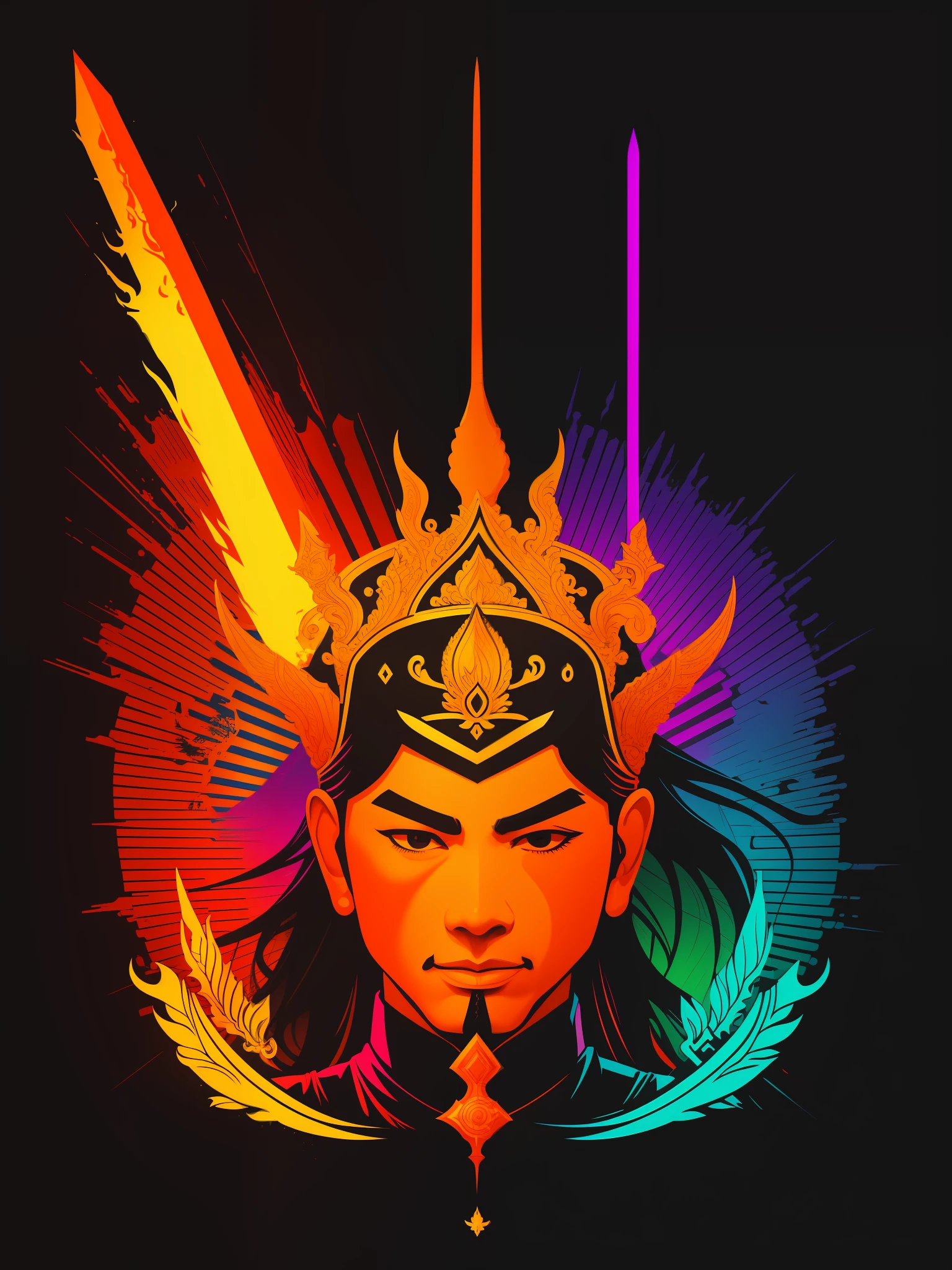 Thai king, sword, vectorized, synthwave, gold blue red orange, bright neon colors on a dark background,