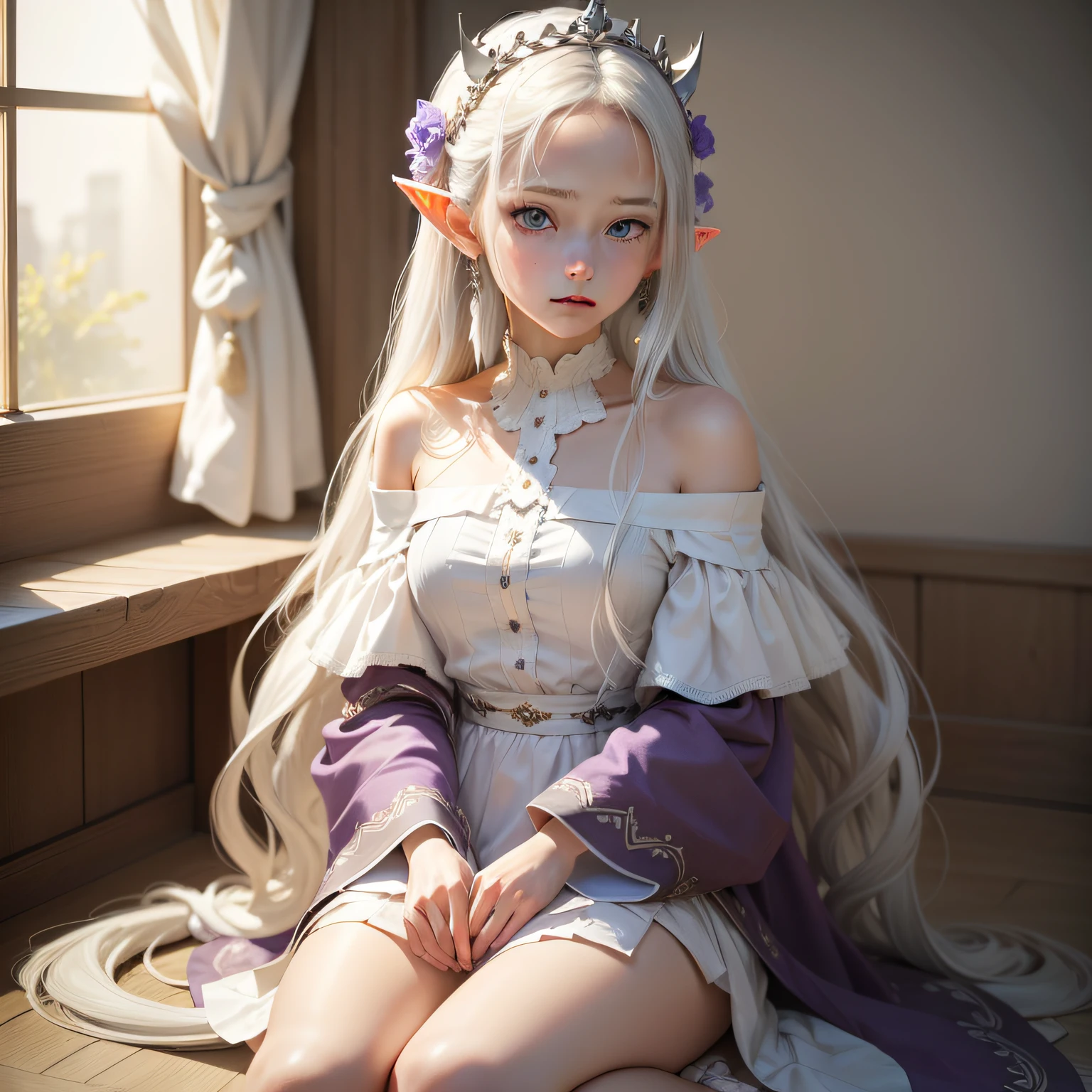 Best quality, highly detailed, masterpiece, ultra detailed, (reality: 1.2), 1 girl, (white background), simple background, delicate eyes, silver hair, purple eyes, hair_ornament, (white off-the-shoulder shirt: 1.3), long hair, pointy_ears, crown_braid, expressionless, straight hair, (++ sitting: 1.2), room,