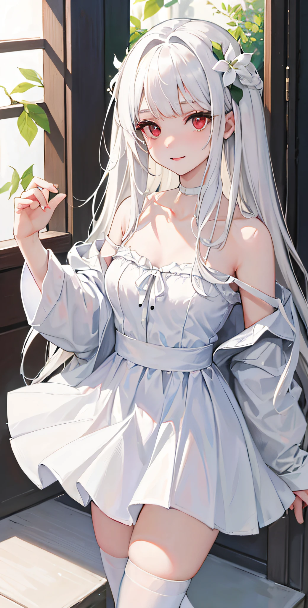 masterpiece,1girl,solo,((in_tree)),white_hair,long_hair,white_dress,collarbone,mole_under_eyes,light_smile,school_uniform,white_legwear,medium_breasts,off_shoulder,falling_leaf.flower,hair_ornament,red eyes