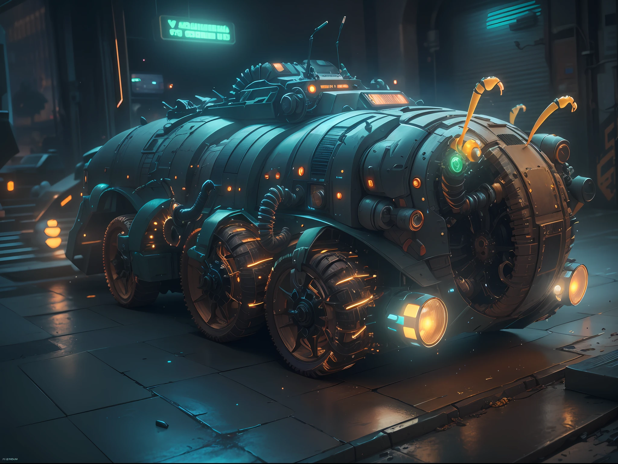 personification,Mechanical caterpillars,Personnel carrier in the shape of a mechanical caterpillar,Cyberpunk, Dreamy Glow, Luminous neon lamp, ( Global illumination, raytracing, HDR, unreal render,reasonable design, high detailed, masterpiece, best quality, UHD, Cinematic Lighting),antitech