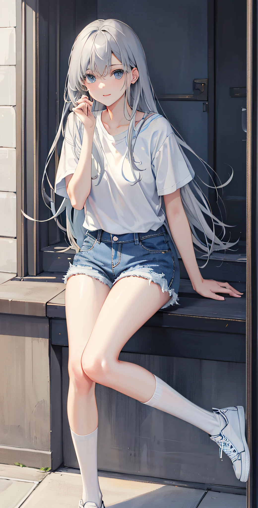 best qualtiy,tmasterpiece,超高分辨率,(realisticlying:1.4),Light blue denim tunic,denim short,athletic sneakers,delicate leg,detail in face,Delicate face,whitet-shirt,Long gray hair,ssmile,Stand up,Knee-length white tube socks