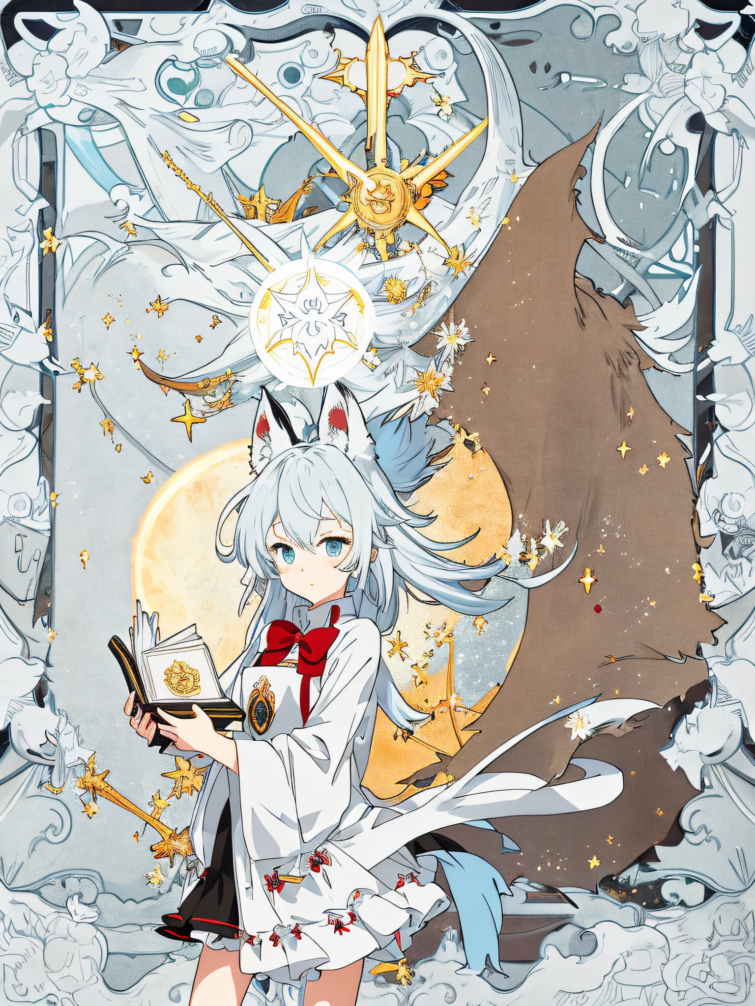 fox ear，Short light blue to white hair，Messy hair cute, blueneyes, Place your left hand behind your back，the right hand held a book, eyes glowing, Two X-shaped black knots are located on the right side of the hair, Short white dress, Red bow tie, style de carte de tarot, Sun Tarot cards, Gold tarot border，Fusion of the Dragon King Ninja Goto art style, A girly style created by Yuki Ogura，One man only，There is a big sun behind it