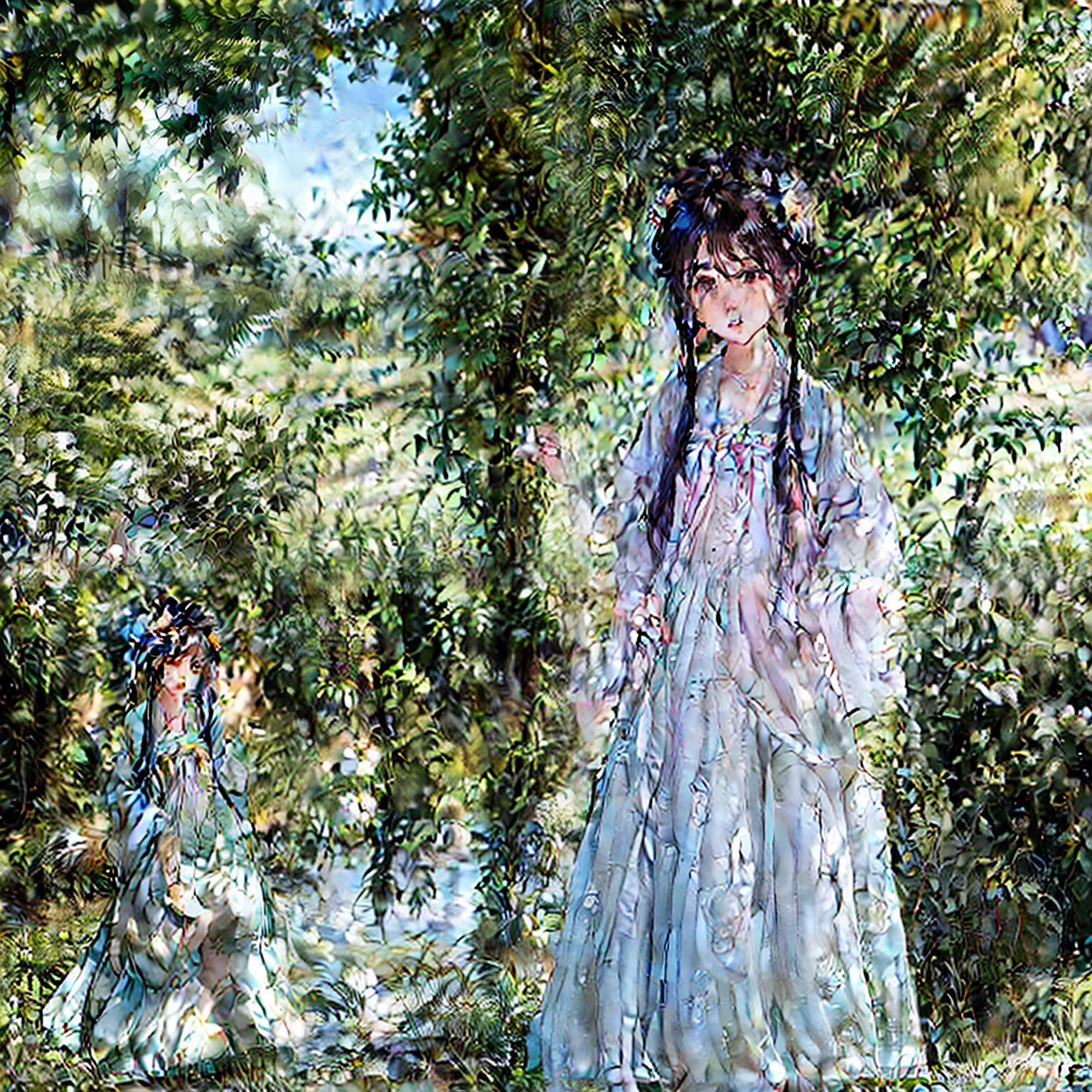 Beautiful Tang Dynasty woman,Hanfu is like a cloud,The spring breeze blows through the railing,Dew adheres to the blooming peach blossoms