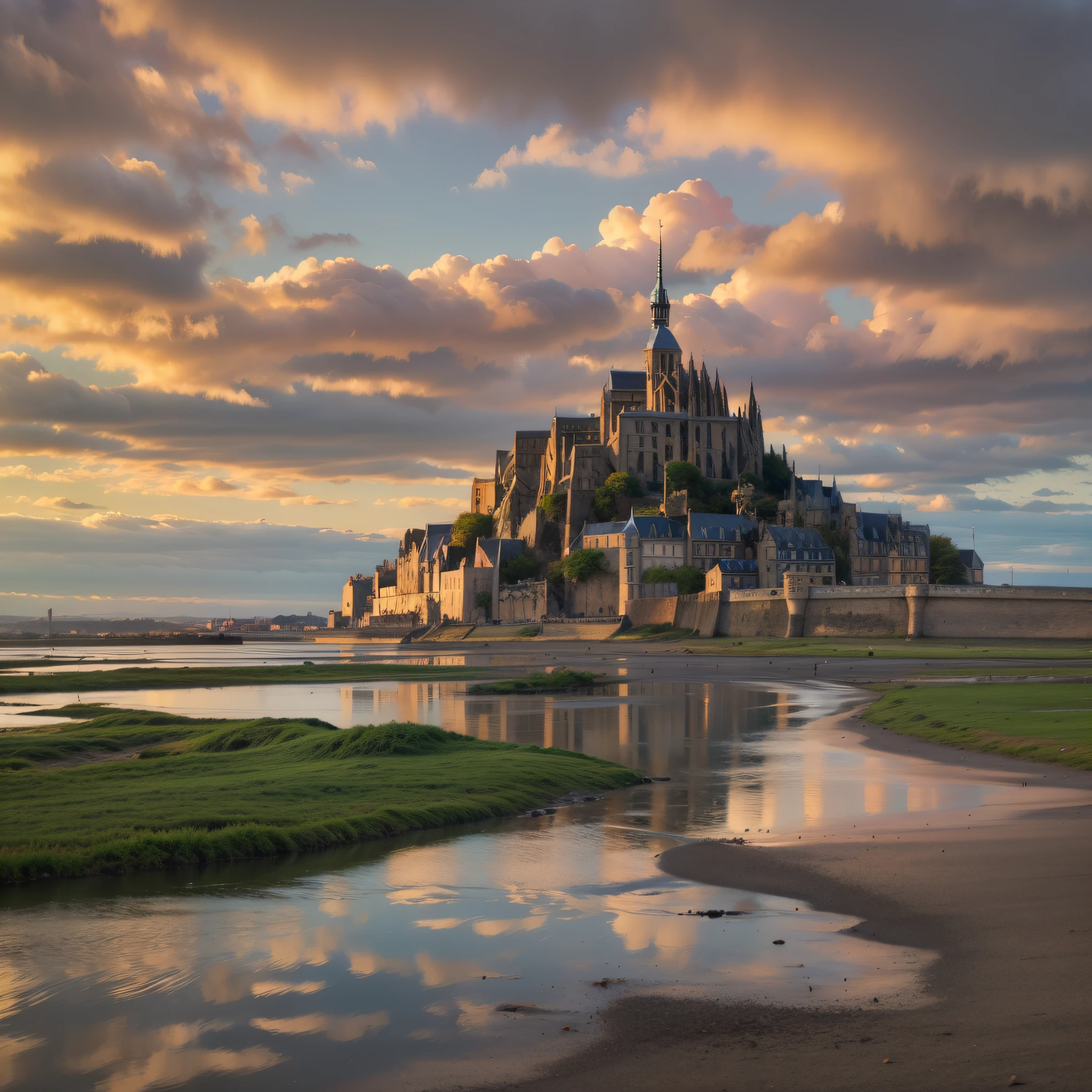 Mont Saint-Michel　High tide sunset、realisitic、64k