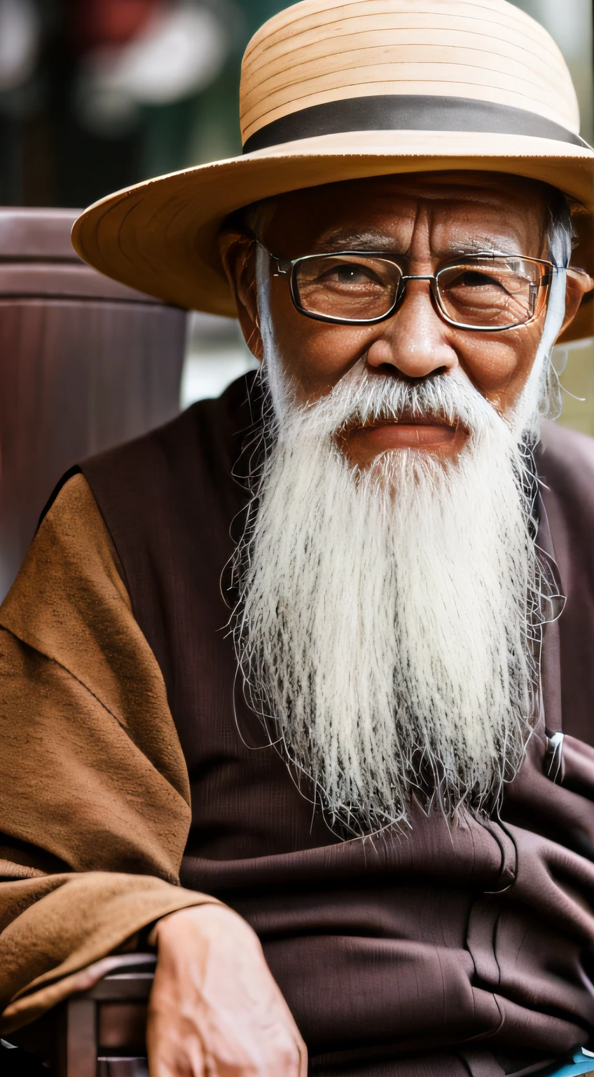 Portrait of an old man in China，With a hat，sit on chair，Looks knowledgeable，Long beard，com rosto detalhado， Ultra HD in 8K, Digital SLR, Soft lighting, High quality, voluminetric lighting, candid, photographed, high resolution, 4K, 8K，Colorful，upperbody closeup