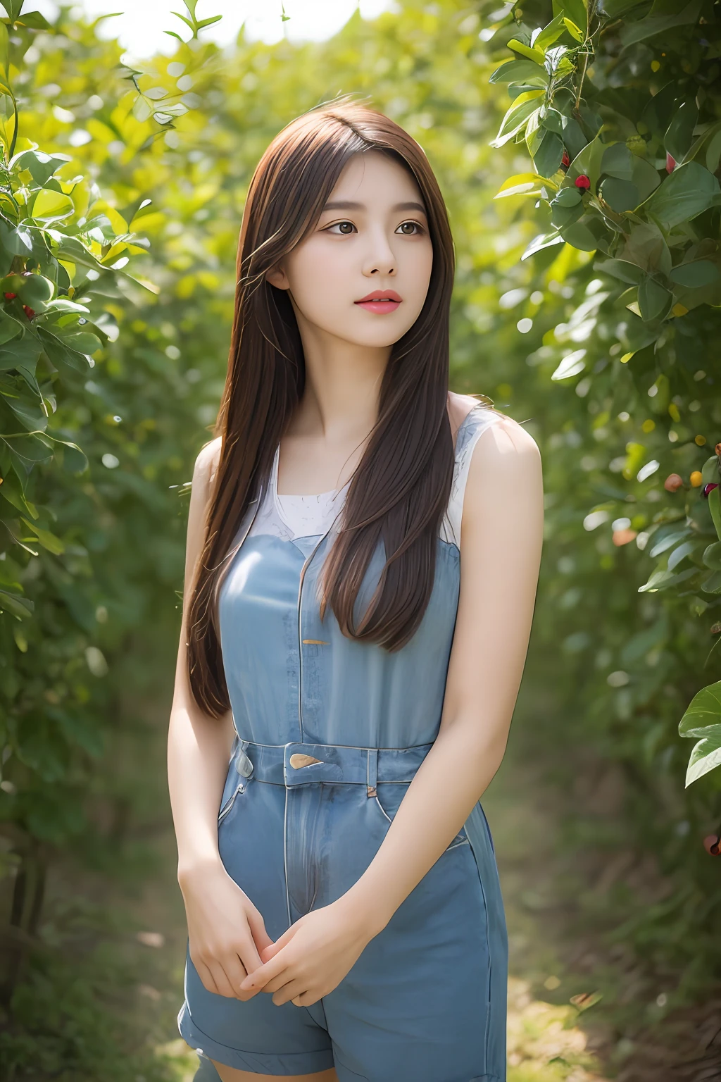 Generate ultra-realistic effects, Highly detailed, HighestQuali,tmasterpiece,Request a full-body photo,standing photo,delicate picture quality,White skin of the,Beautiful legs,high-heels,perfect bodies,Beautiful woman picking fruit in orchard,High-resolution 16K images. She should be wearing a straw hat, Block out her sunlight. Her face should have striking features, There is content and focus. Images should be taken in full body, Show off her casual fashion outfits suitable for the task. Orchards should be lush,with dynamism, Filled with ripe fruit ready for picking. The lighting should be natural and bright, Cast a warm glow on her and the orchard. The colors should be vibrant yet natural, Enhance the overall atmosphere of the image. The image should be rendered in its original style,