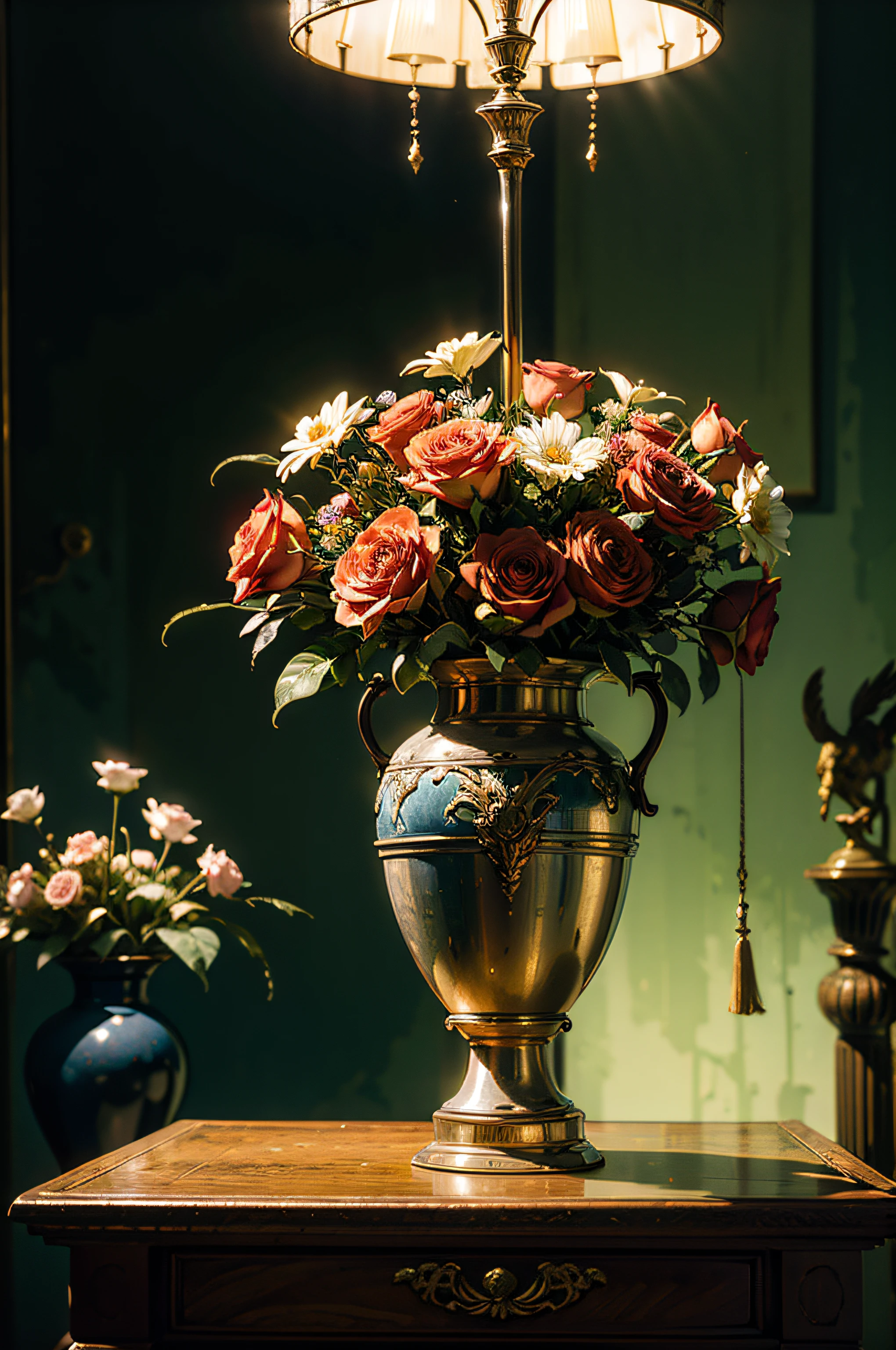 a compact still life with flowers in vase, historical jewelry hanging on vase, baroque interior, environment withering flowers all around, ((objects in realistic scale)), darkened room, cinematic lighting, contrast lighting, dslr, insanely intricate details, amazing fine detail, hyper detailed, sharp focus, ultra high res, oil painting style