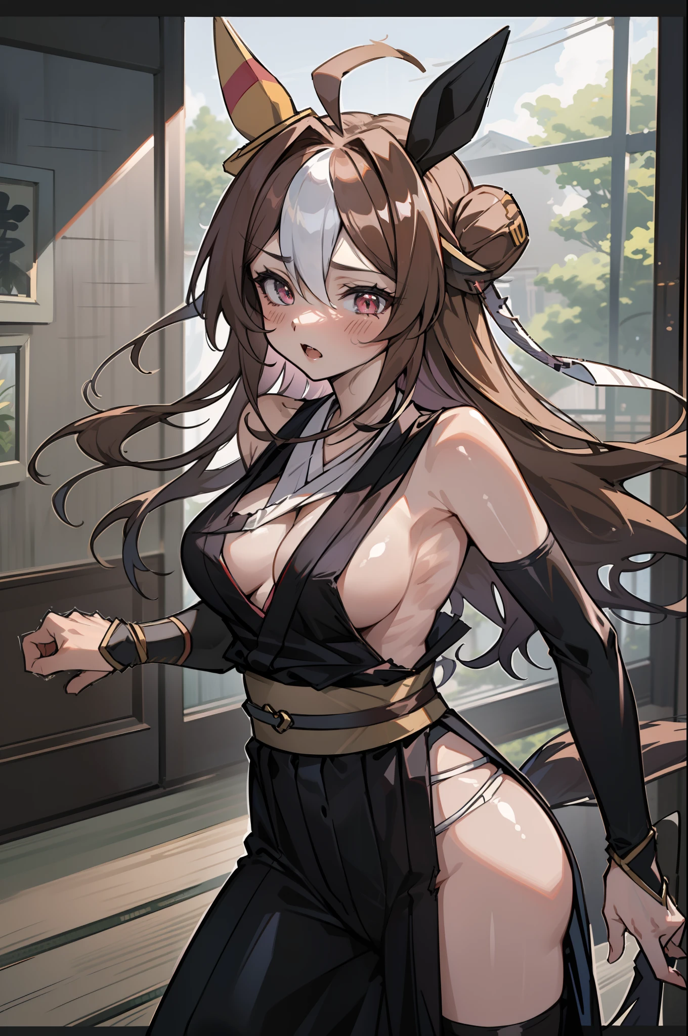 Very cute woman,Spoken Heart,Bare shoulder,Open legs,myroom,Tatami mats,traditional Japanese room,Solo,1girl,(Umamusume),(Black Costume,A side leakage ninja costume,(White band)),torn clothes,NSFW,sideboob,lib,cleavage of the breast,underwear slip from costume,BREAK (masutepiece, Best Quality,Ultra-detailed,Perfect Anatomy, Perfect hands,shiny,chromatic aberration abuse,absurdres absolutely resolution,pastel color,Unity 8k壁纸,Perfect Lighting)