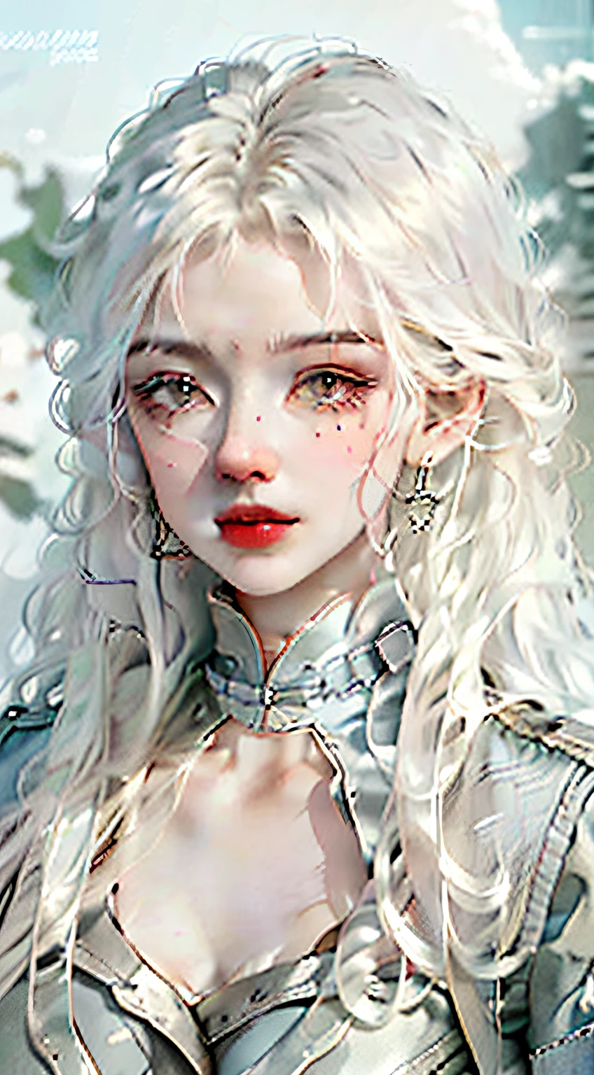 a close up of a woman with long gray hair wearing a denim jacket, Girl silver hair, long white hair, Silver hair girl, silver curly hair, with long white hair, White curly hair, wavy white long hair, messy wavy white hair, Perfect white haired girl, Beautiful anime style, silber hair, Flowing white hair, Girl with white hair,Vintage old newspaper stitching background