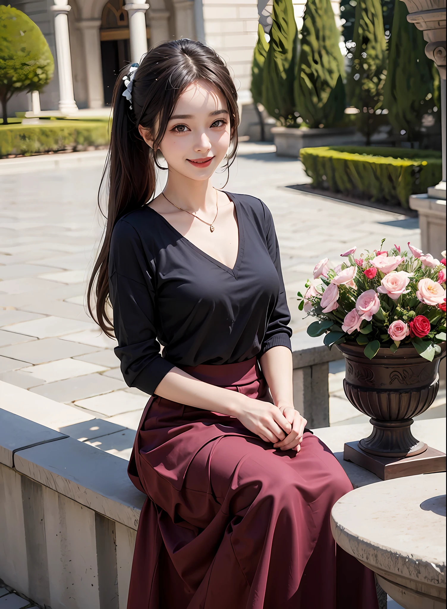 1 girl,Lily,ponytails,brunette color hair, Long skirt,flower,35-year-old female model,queen mother,Smile,