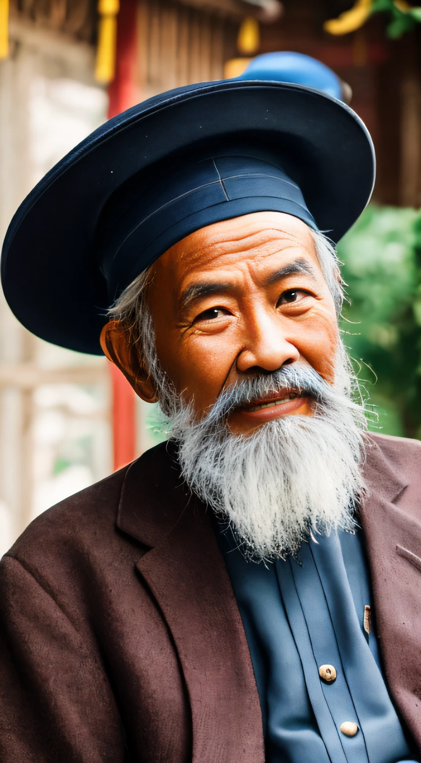 Portrait of an old man in China，With a hat，sit on chair，Looks knowledgeable，Long beard，com rosto detalhado， 8K Ultra HD, Digital SLR, Soft lighting, High quality, voluminetric lighting, candid, photographed, high resolution, 4K, 8K，Colorful，upperbody closeup